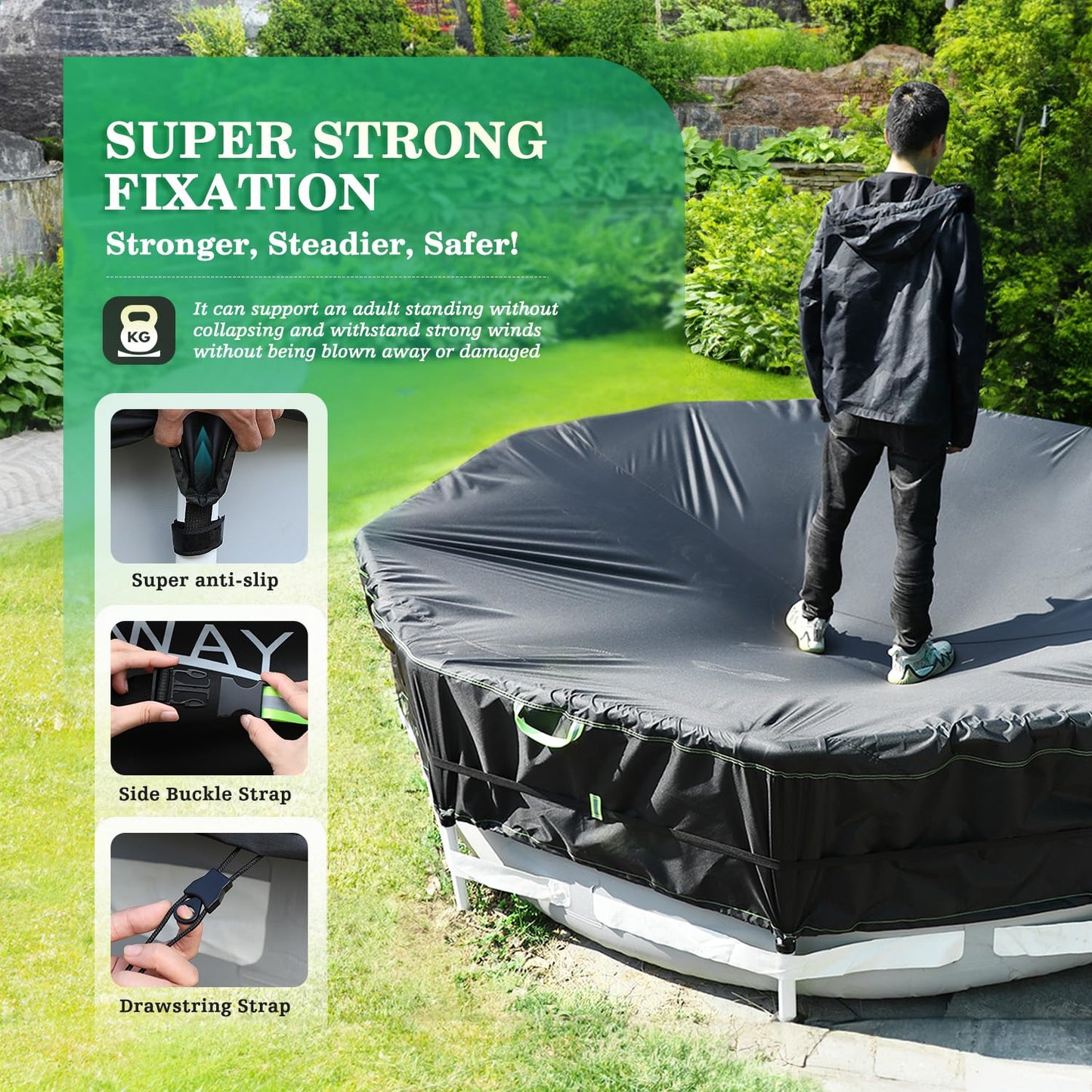 UIRWAY 500D Pool Cover 10FT Round [2026 Upgraded Heavy Duty Fabric] Solar Pool Covers for Above Ground Pools, New Super Windproof Gel-Coated Tarp Straps, Swimming Pool Covers with UV Protection