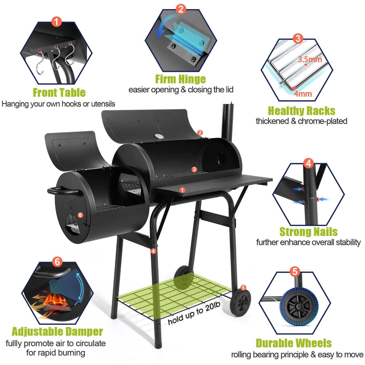 HaSteeL Outdoor Charcoal Grill with Cover, Large Barrel BBQ Grill with Offset Smoker, Great for Camping Patio Backyard Garden Party Picnic Beach, Large 420.SQ.IN Cooking Area, 2 Screwdrivers - Black