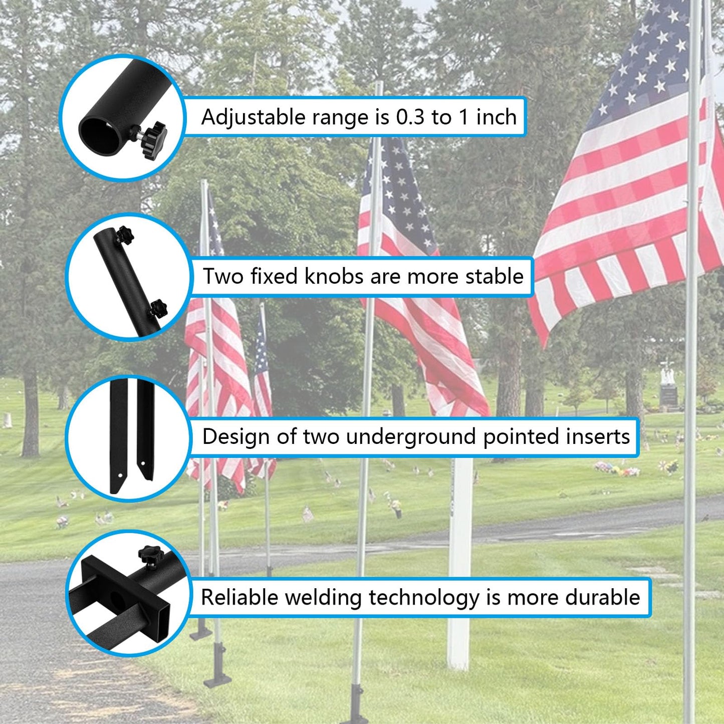 KSWLOR Flag Spike Ground Stake, Ajustable Metal Flag Pole Stakes, Feather Flag Stake Base, Ground Spike Flag Pole Holder, Ground Outdoor Banner Stakes for Garden Lawn Suitable for 0.5-1 inch Rods