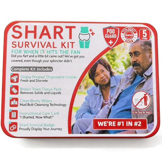 Funny Shart Survival Kit Ultimate Poop Prank Gag Gift Set Contains Wet Wipes, Disposable Underwear, Tissues and Hilarious Badge. Novelty Fart Potty Pack Great for Friends or Family