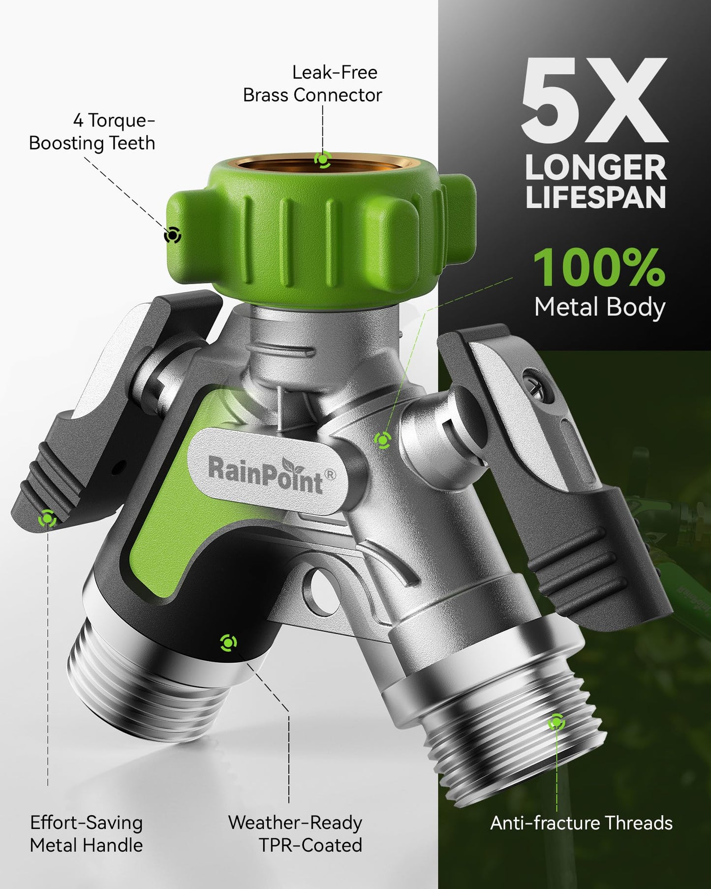 RAINPOINT Garden Hose Splitter 2 Way, All Metal Heavy Duty Water Hose Y Splitter With 2.05" Extra Long Side Handle & Shut Off Valves, 3/4 Inch GHT Thread Connector For Outdoor Spigot Faucet (Green)
