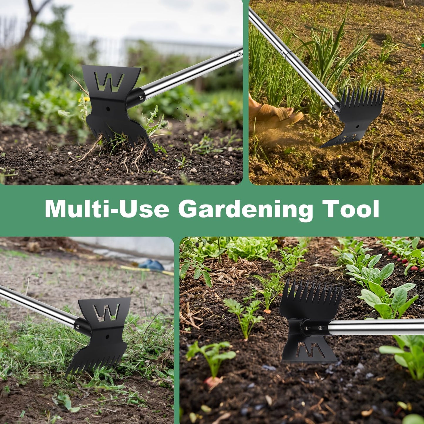 Larger Weed Puller Tool with Long Handle, Heavy Duty 10 Teeth Weed Rake & Hoe Garden Tool for Weeding, 57" Garden Hoe Weed Remover Tool with Detachable Handle, Manual Weeder for Garden Yard Lawn Patio