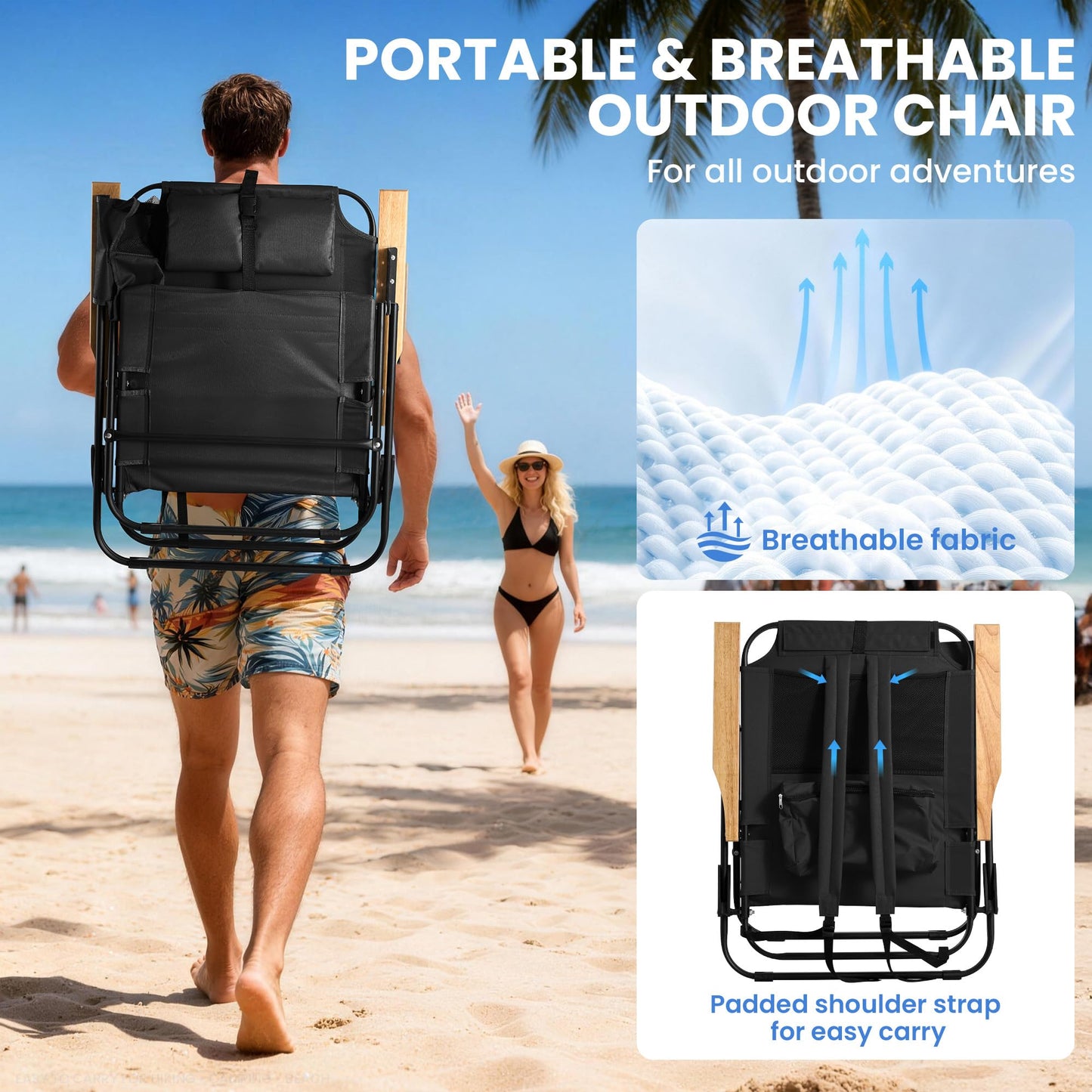 Canpsky Premium Portable Camping Chair 5-Position Recliner Beach Folding Lightweight Outdoor Chair with Wooden Armrests, Headrest, Multi-Pockets Heavy Duty 350lbs, for Patio, Backyard, Black
