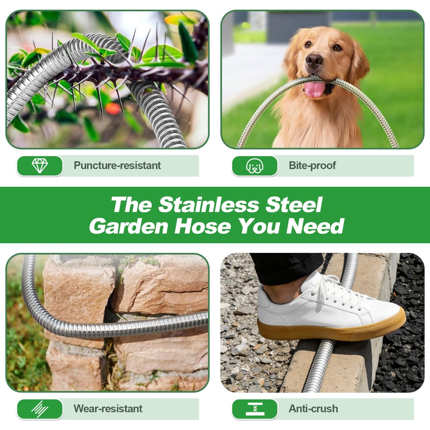 Toolasin Garden Hose 50ft, Flexible Stainless Steel Metal Water Hose with 10-Function Nozzle, No-Kink, Leak-Proof, Wear-Resistant, 3/4 GHT, Easy to Use and Store for Garden, Yard, Outdoor