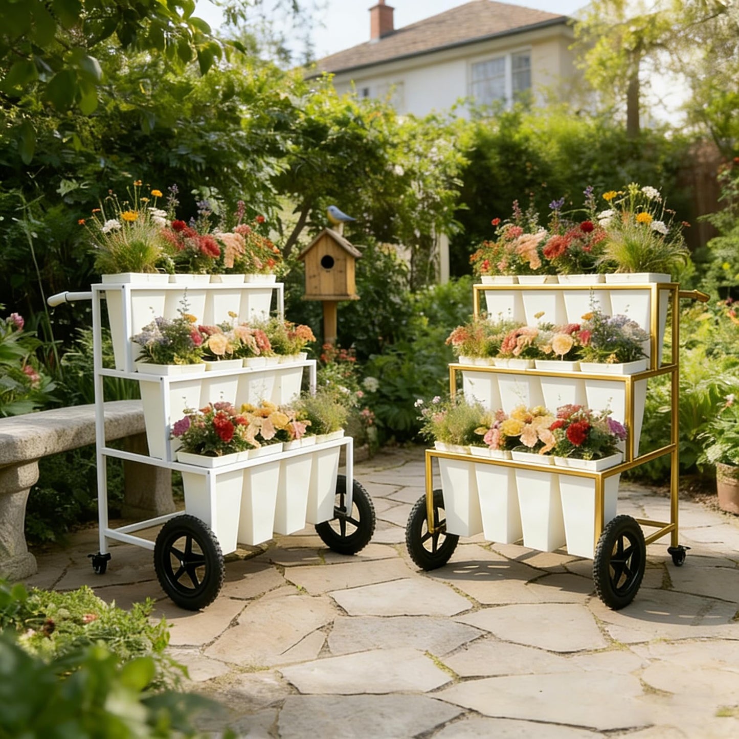 VITNSVILE Mobile Metal Flower Plant Stand, 360° Rolling Flower Display Stand for Indoor Outdoor, Space Saving Flower Bar Stand for Patio, Garden Event White, Black, Gold (White L33.4*W31.4*H*40.5in)
