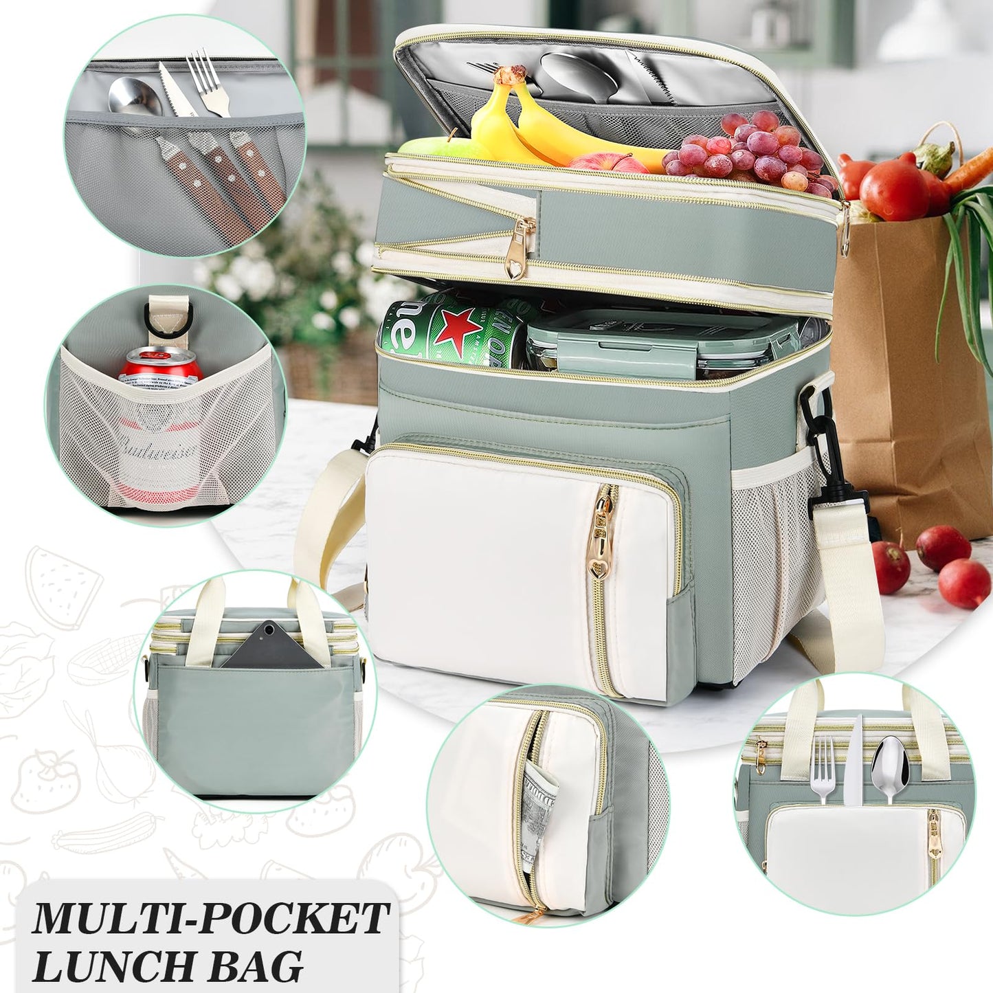 Lunch Box & Lunch Bag for Women Men, Expandable Large Insulated Adult Lunch Bag with Strap, Double Deck Leakproof Lunchbox Durable Cooler Bags for Work Picnic Beach,16L, Olive Green & White