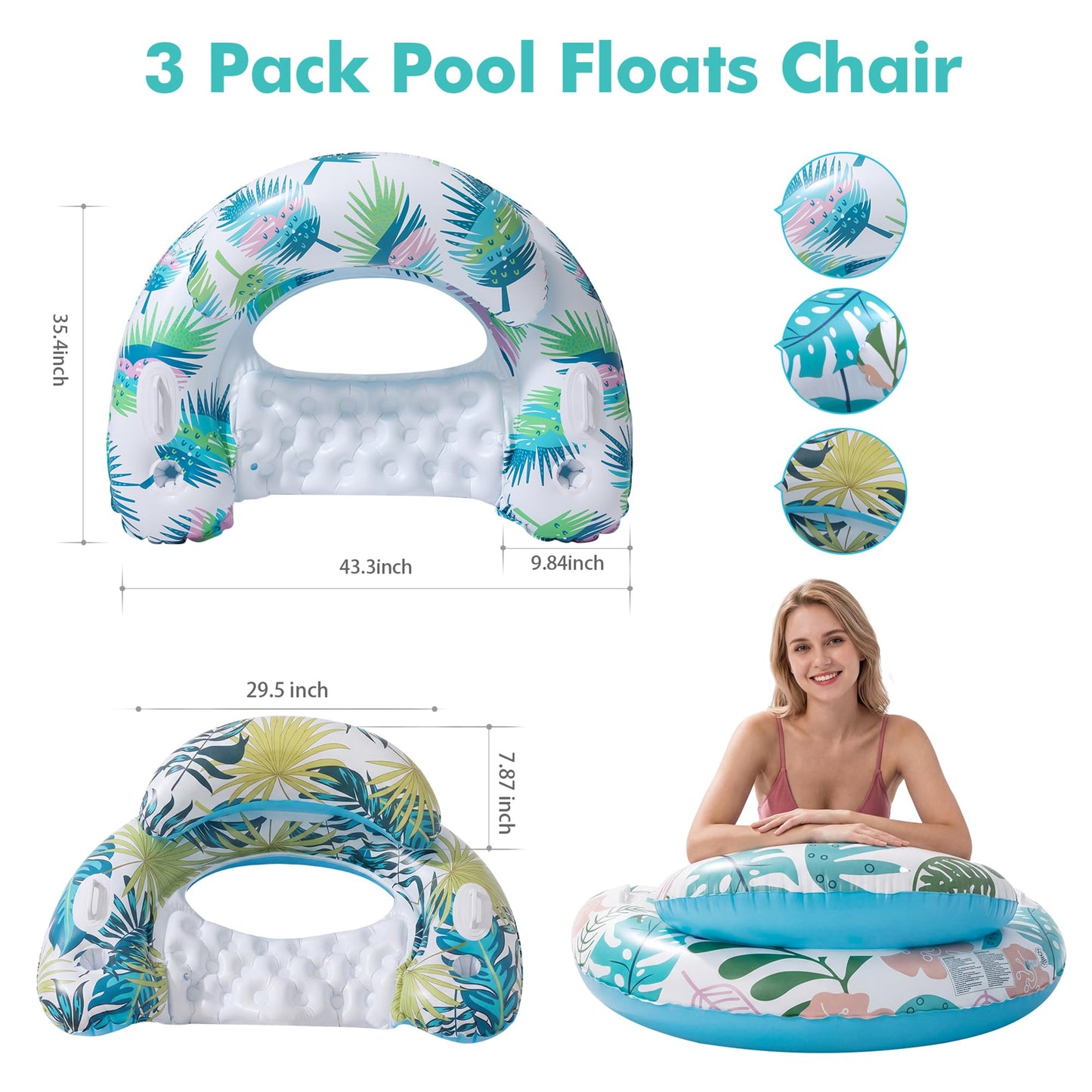 3 Pack Pool Floats Adult, OKSUWATER Pool Floaties with Two Cup Holders & Handles, Inflatable Pool Floats Chairs, Lake Floats Applies to Swimming Pool Party Summer Lake Water Fun