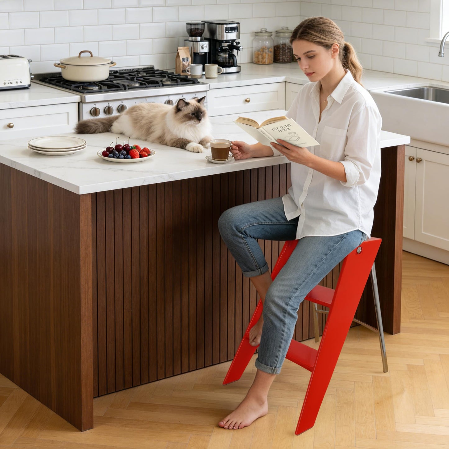 HOTEAGLE Modern Folding Chair - Multifunctional Design Doubles as Step Stool & Storage Shelf, Sturdy Engineering Plastic for Kitchen, Dining & Bistro,Red
