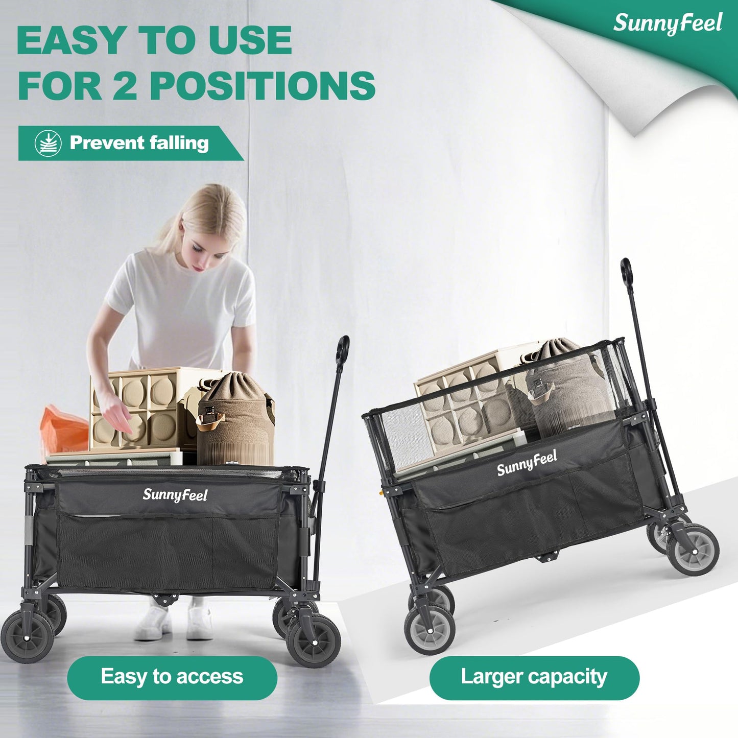 SUNNYFEEL Extra Large Folding Wagon 300L - 500LBS Heavy Duty Beach Wagon Cart with Big All-Terrain Wheels, Stable Frame, Adjustable Handle for Camping, Groceries, Shopping (Black, Tall Version)