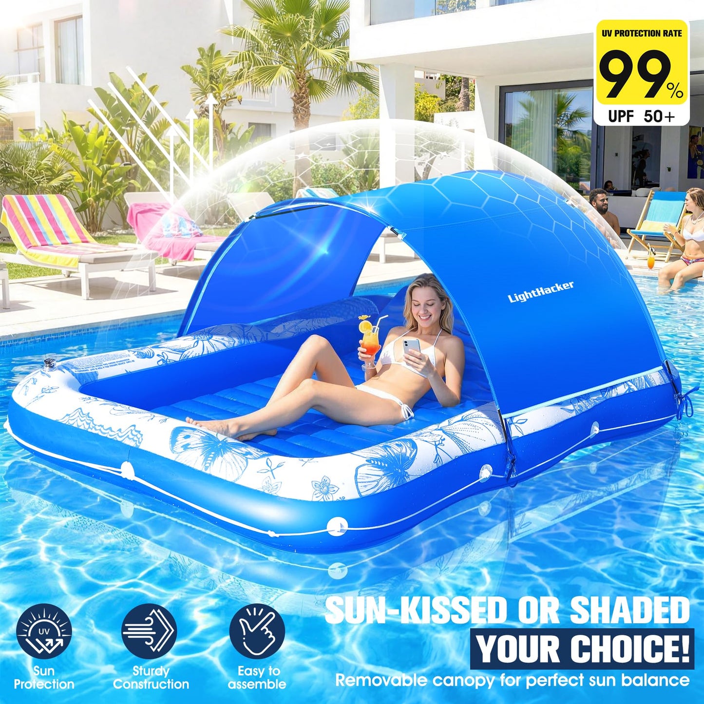 81"x60" Inflatable Tanning Pool Lounger Float with Canopy for Adult,Large Blow Up Sunbathing Bed & Water Raft,Butterfly Pool Floatie with Cup/Phone Holder,5 in 1 Floating Lounge for Pool,Lake,Backyard