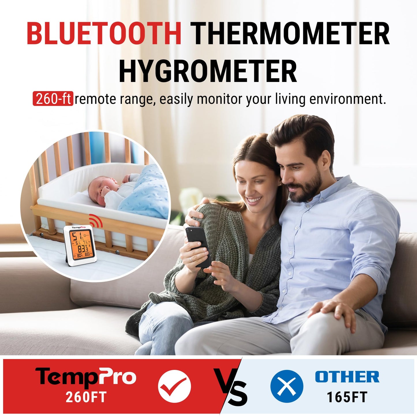 TempPro Hygrometer Thermometer for House, Bluetooth Room Indoor Greenhouse Thermometer Monitor Up to 260FT, Backlit Humidity Meter Temperature Sensor with 2-Year Data Export(Previously ThermoPro)