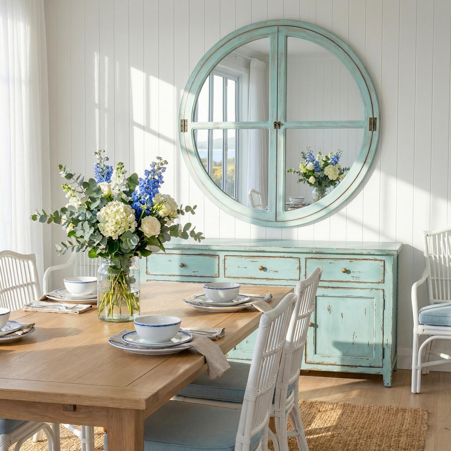 Pocetry 30" Round Window Mirror, Solid Wood Faux Windowpanes Wall Decor with Shatterproof Glass, Distressed Teal Coastal Farmhouse Accent Mirror for Entryway, Living Room, or Dining Room