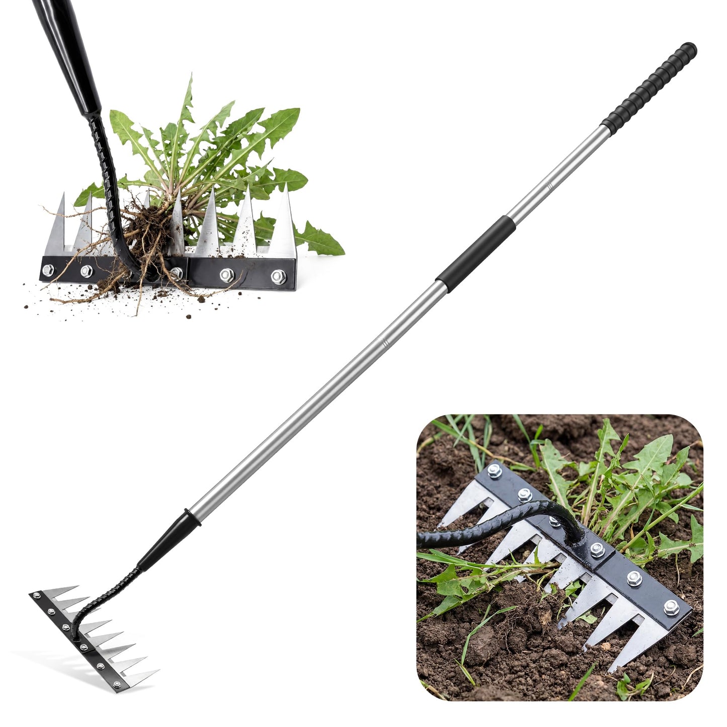 YALEENT Iron Weeding Rake with Long Handle - Upgraded 8 Teeth Weed Puller Tool, Heavy Duty Manual Weeder Remover Tool for Weeding, Cultivating & Soil Aeration