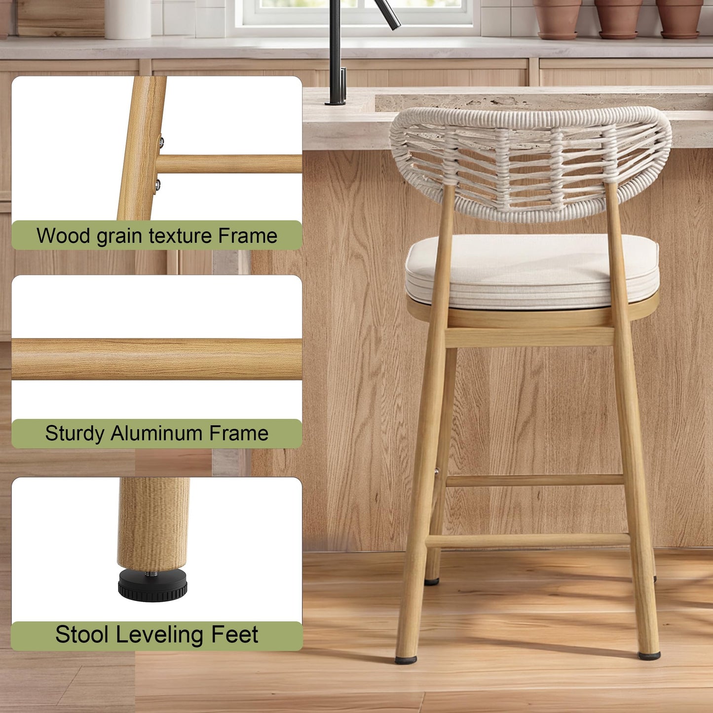 Garden Story Outdoor Bar Stools Set of 2,Woven Barstools with Rattan Back,24" Outdoor Bar Height Stools Wicker,Patio Bar Chairs Boho Bar Stool,Counter Height Bar Stool Aluminum (Natural, 24 Inch)