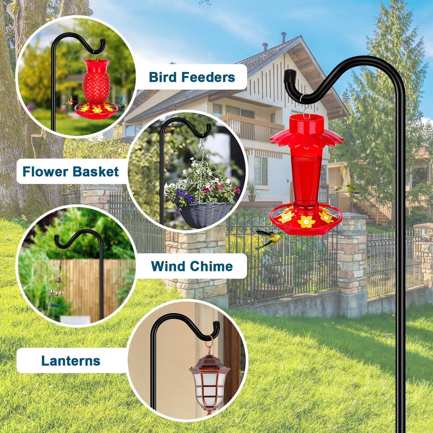 Gtongoko Shepherds Hook for Outdoor, 92 Inch Bird Feeder Pole with 7 Prongs Base, 3/4 Inch Thick Heavy Duty Adjustable Garden Hook for Hanging Plant, Hummingbird Feeder, Lantern, 1 Pack