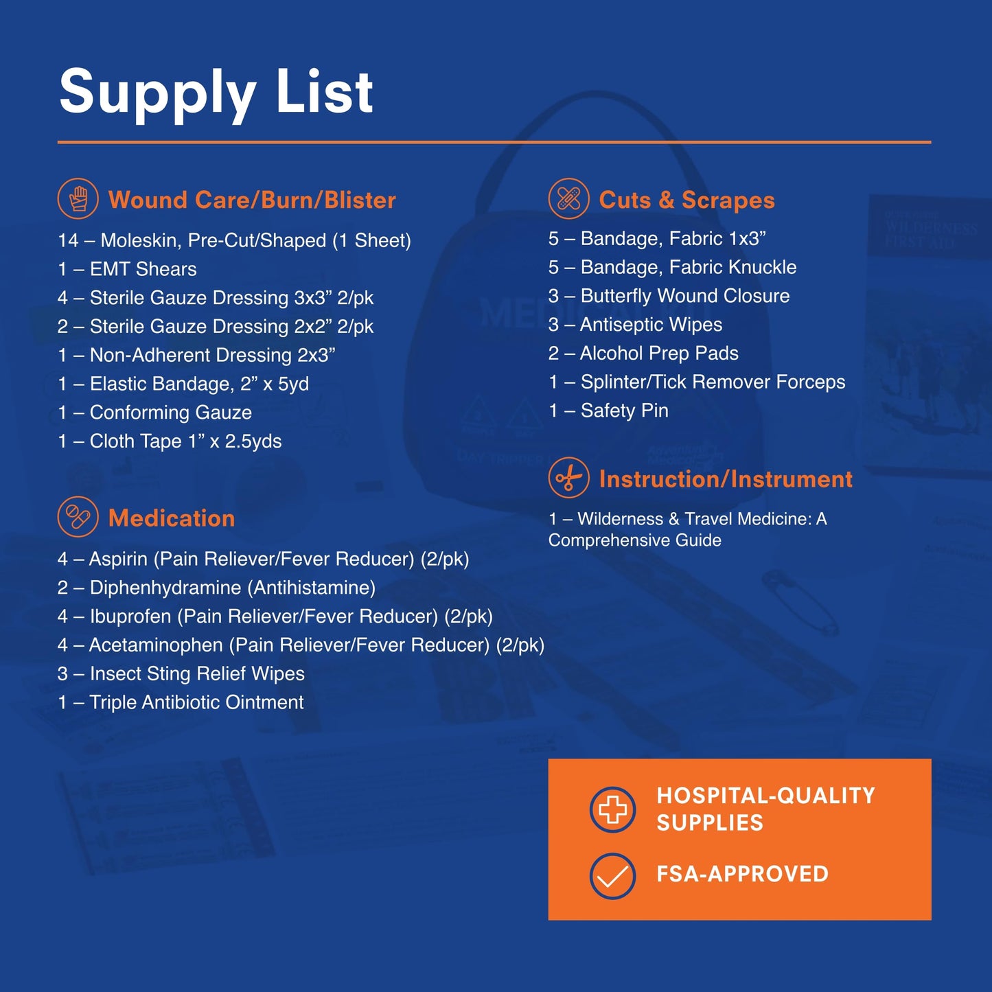 Adventure Medical Kits Mountain Series Medical Kit (Day Tripper Lite) - 59 Pieces, blue/orange, one size (0100-1000)