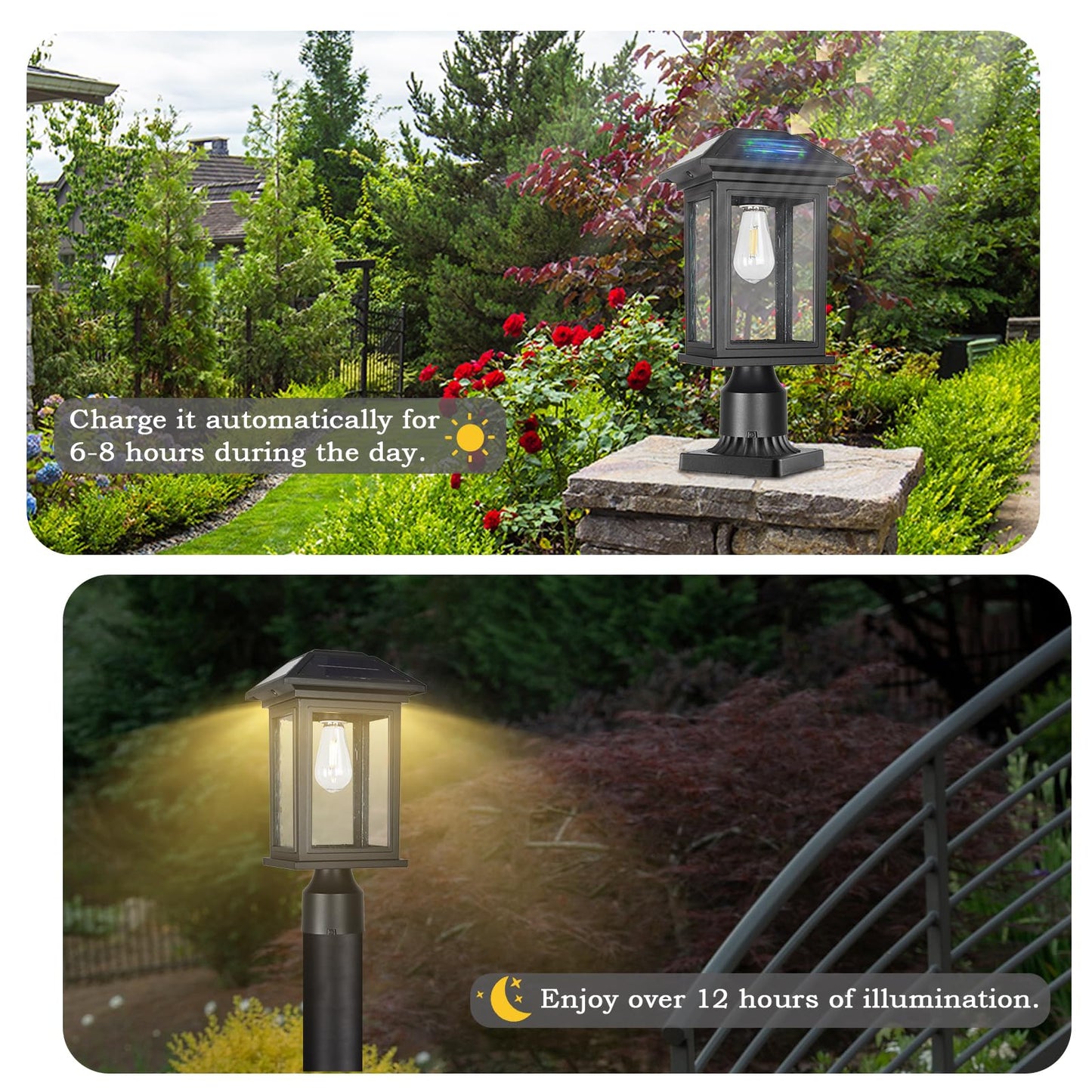 Rosient Solar Post Lights Outdoor, Waterproof Anti-Rust Black Pole Light Fixtures with Clear Glass, LED Solar Powered Lamp for Garden, Front Yard, Porch, Garage, and Patio (Bulb Included)