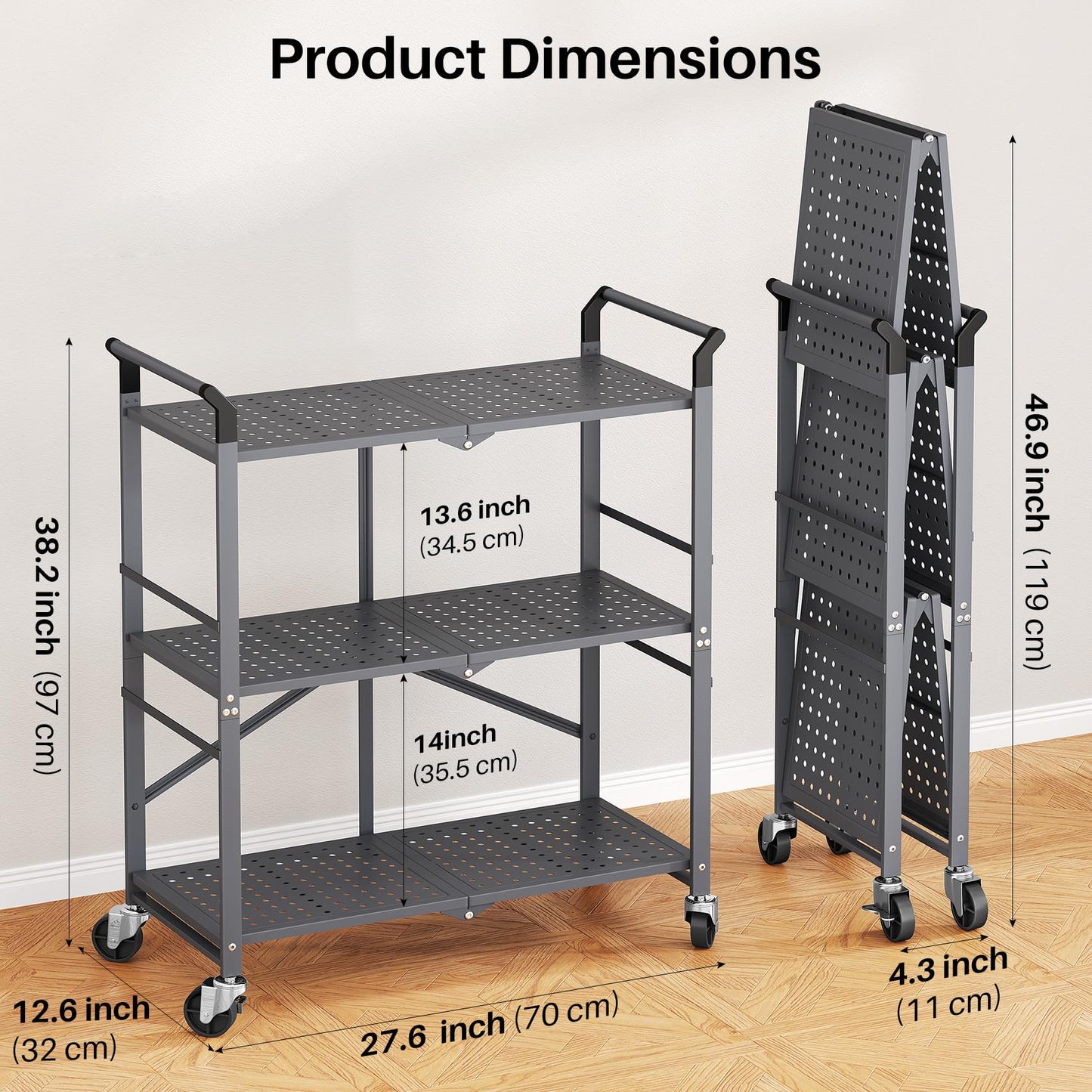 3 Tier Utility Carts - Folding Metal Rolling Cart with Wheels for Kitchen Office Garage Storage, Grey