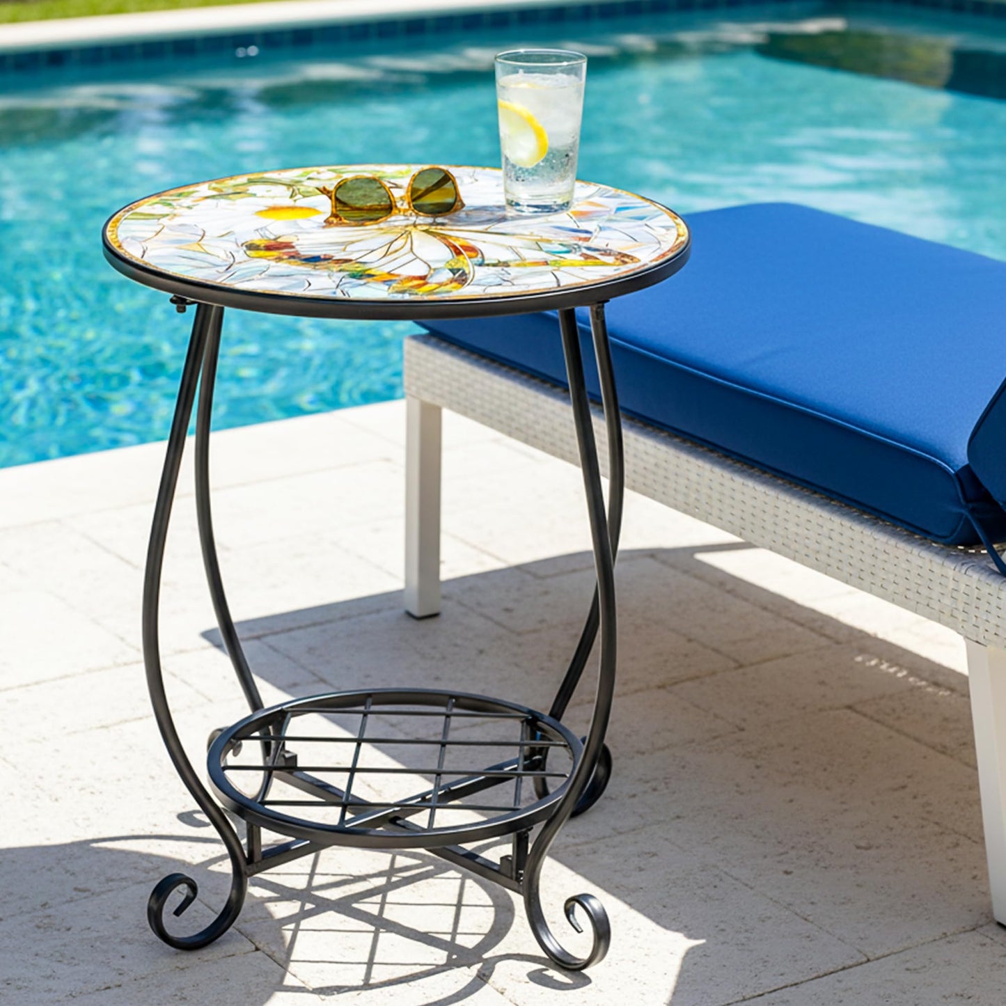 GQIRIL Outdoor Patio Side Table - 14" Metal Small Round Coffee Tables, Flower Butterfly Style Accent Stand End Snack Desk for Indoor Outside Balcony Yard Porch Bedside Poolside Garden Home Decoration