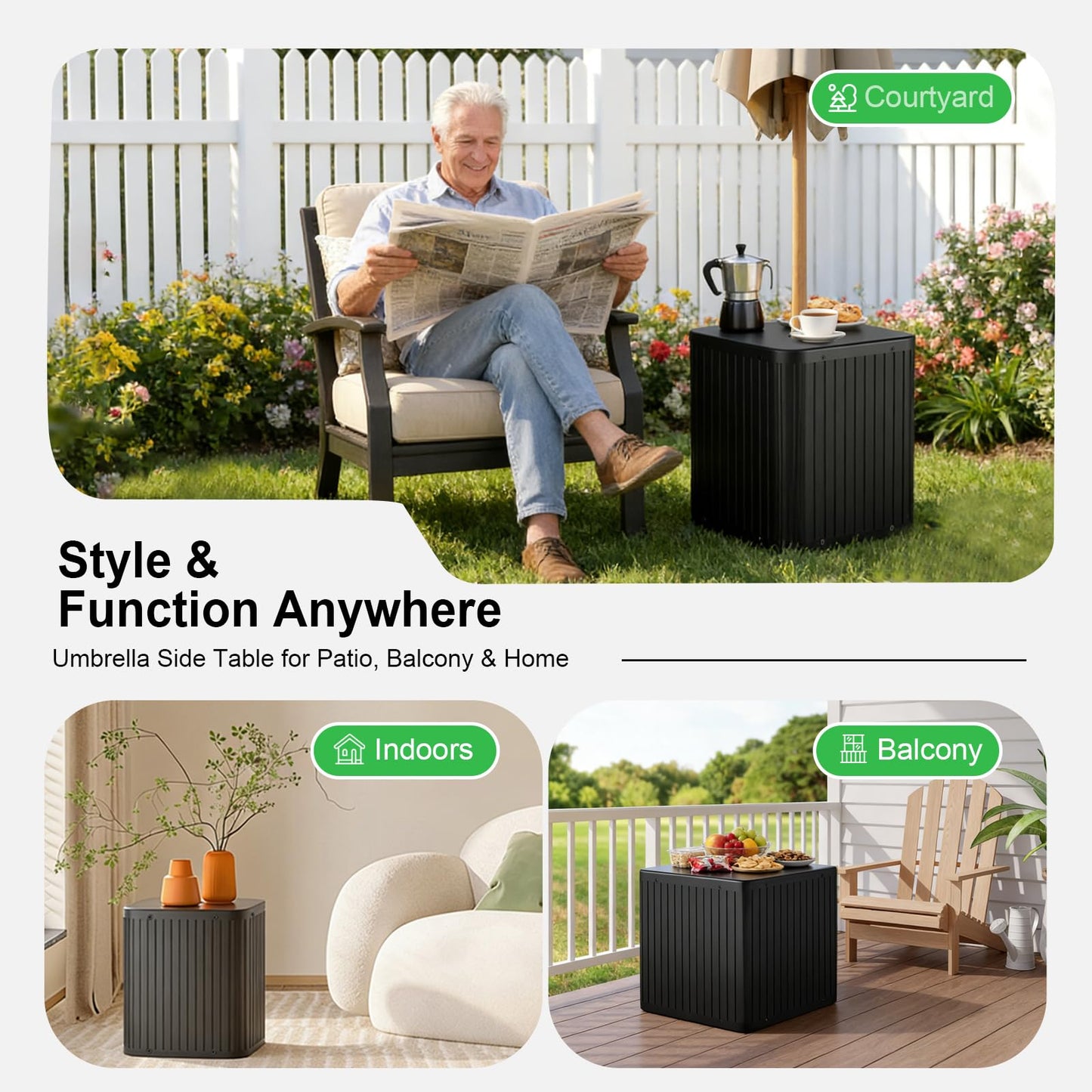 Umbrella Side Table with Hole, Fit Up to 1.5" Poles, Heavy Duty Fillable Base, 132 lbs Capacity, 2 in 1 Outdoor Patio Side Table for Patio Porch Deck Balcony Poolside, Easy Assembly, Modern Style