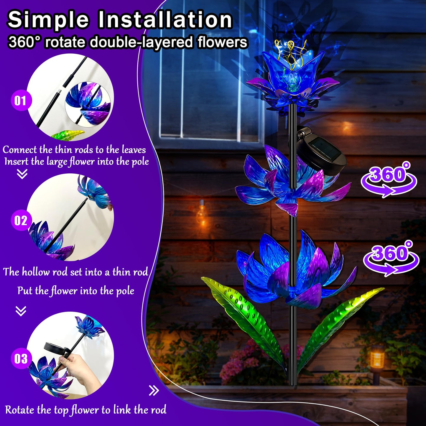Solar Wind Spinner Outdoor, 63 Inch Metal Wind Spinner Yard Art with LED Lights, Three-Layer Flower Design Pinwheels for Yard and Garden Decor, Solar Garden Decor