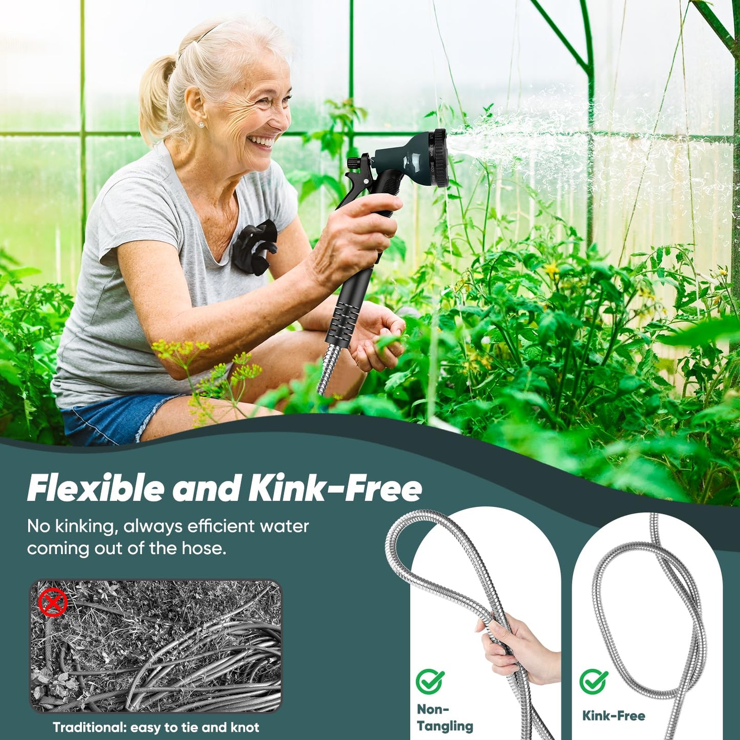 Amayrose Garden Hose with 10-Function Nozzle, Leak-proof Metal Connector Hose, No Knots, Kink-Free Hoses, Lighter, Anti-Pets, Wear-Resistant, 3/4 GHT, Water Hose for Garden, Yard, Outdoor（75 FT）
