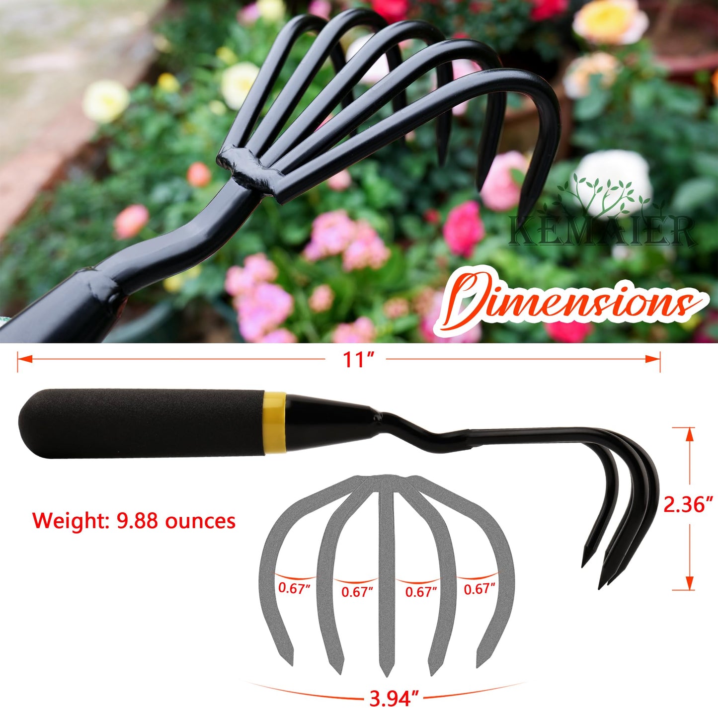 Kemaier Garden Tool Set - Featuring a Heavy-Duty Stainless Steel Hand Cultivator, Transplant Shovel, Trowel, Crack Weeder, and Dandelion Weeder - The Ultimate, Unbreakable Gardening Gift