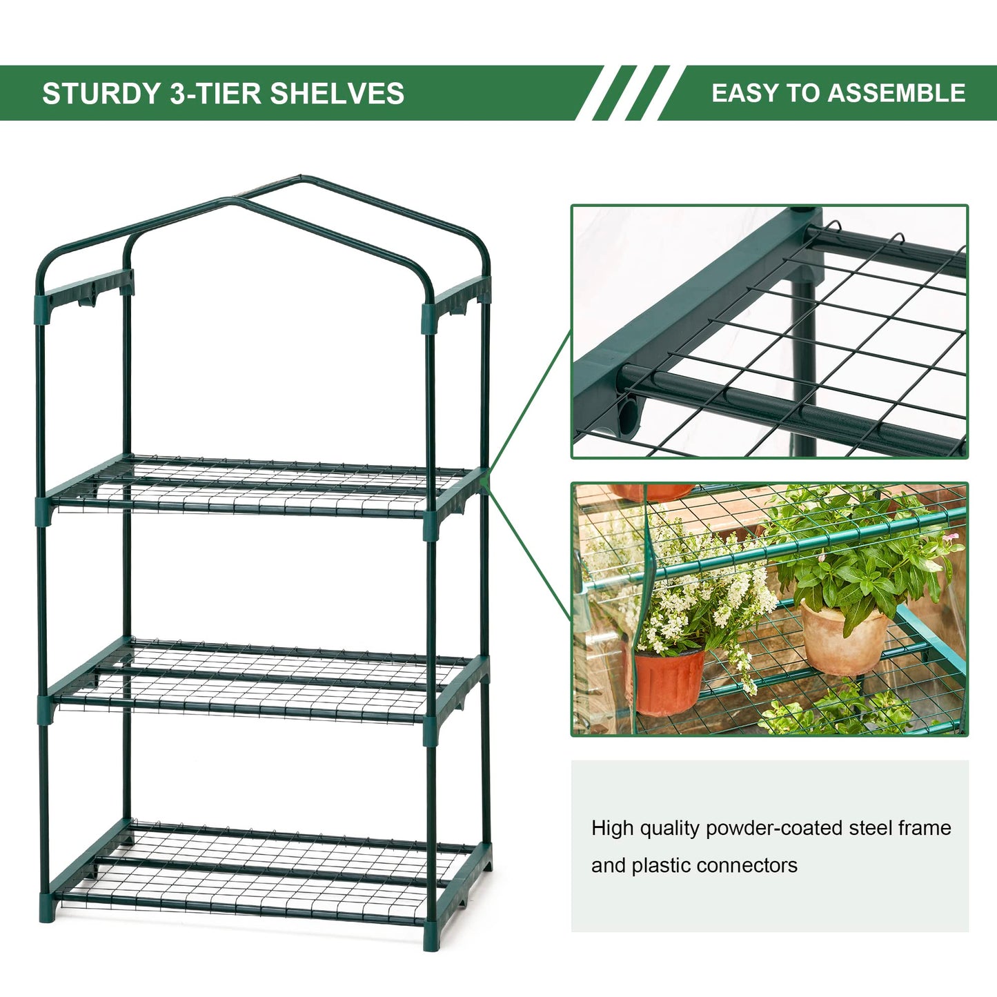 Glitzhome Portable Indoor Outdoor Patio Mini Greenhouse, Green, 3-Tier