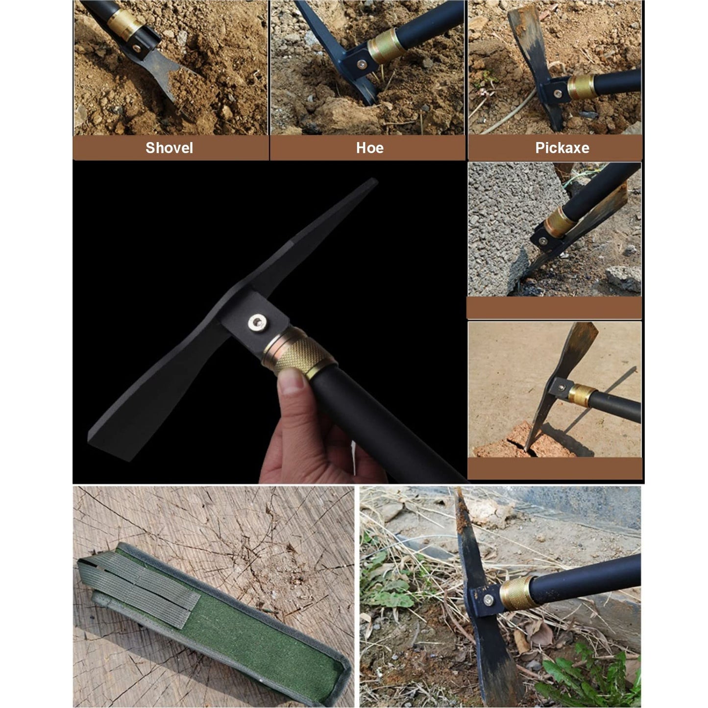 TENSURELIN Folding Pickaxe Hoe for Digging, Multi-Function Detachable, Garden Hoe Long Handle with Two Extension rods, Great for Loosing Soil, Camping Shovel for Outdoors