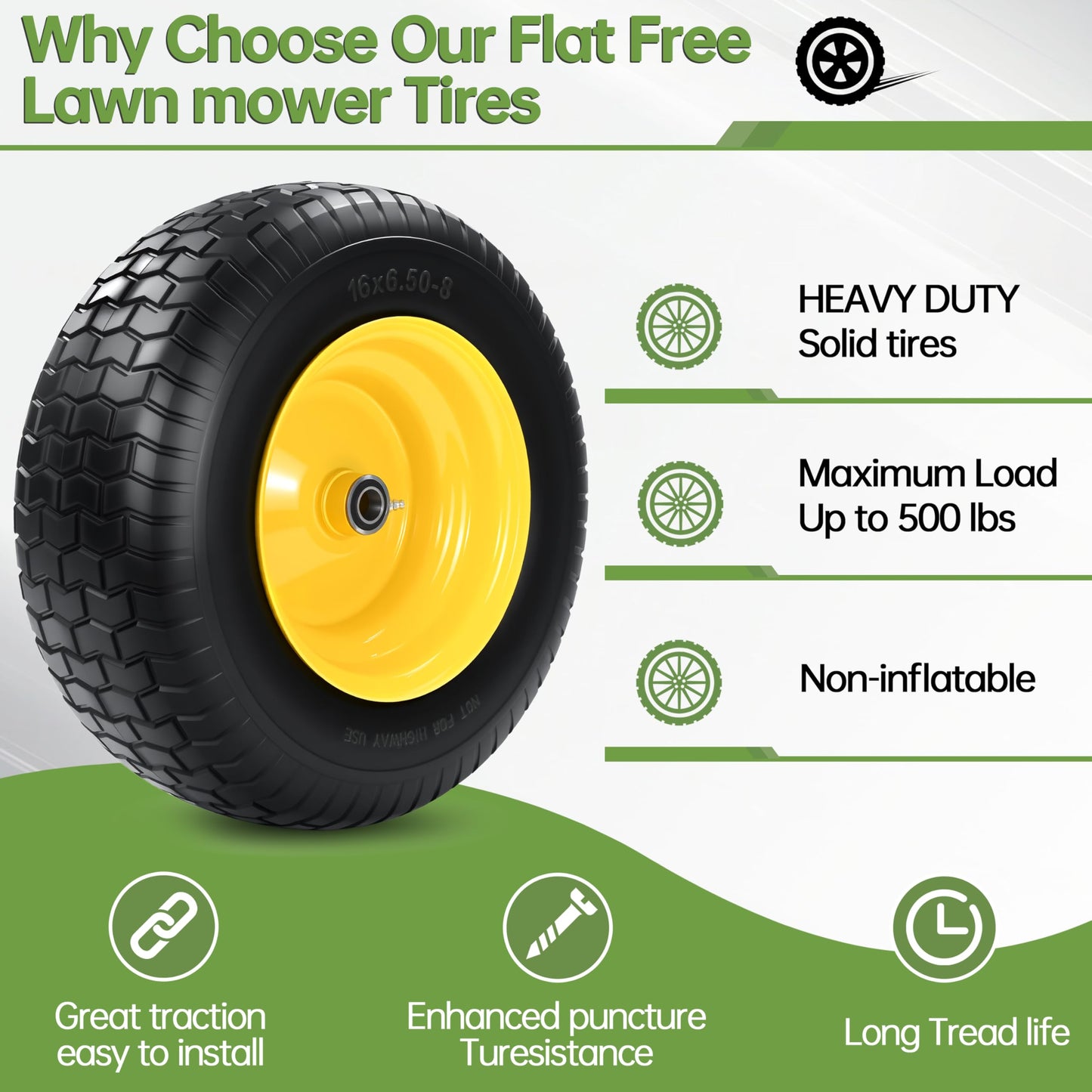 2 PCS 16x6.50-8 Flat Free Riding Lawn Mower Tire and Wheel with 1" Bushing, 3/4"Bearing，3"Offset Hub,Fit for Lawn Mowers and Garden Tractor, Solid Mower Wheel for Residential and Commercial 500 Lbs