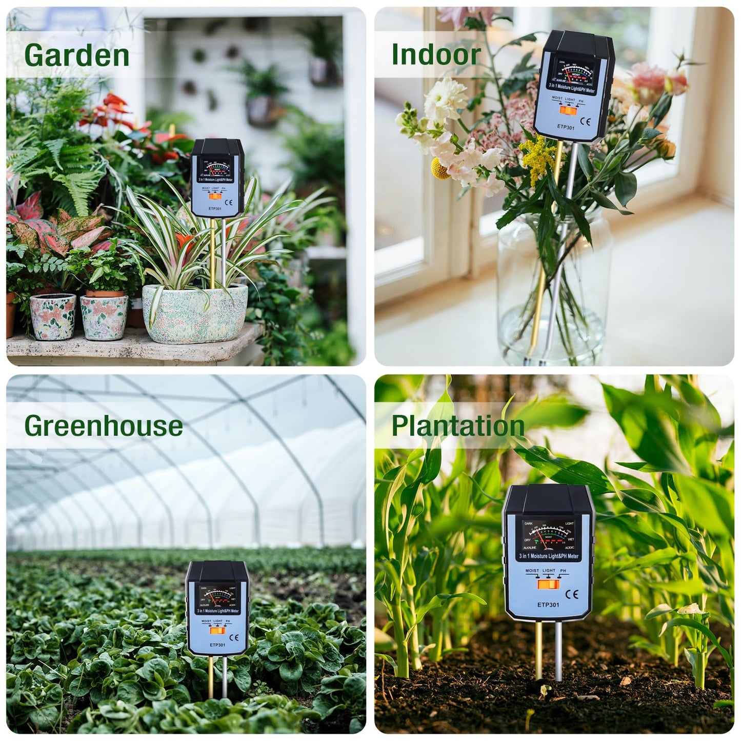 ALLOSUN Soil Moisture Meter for Plants, 4 in 1 Soil pH Tester/pH Meter for Water/Light Meter for Plants, Indoor, Garden, Farm, Lawn, No Battery Required