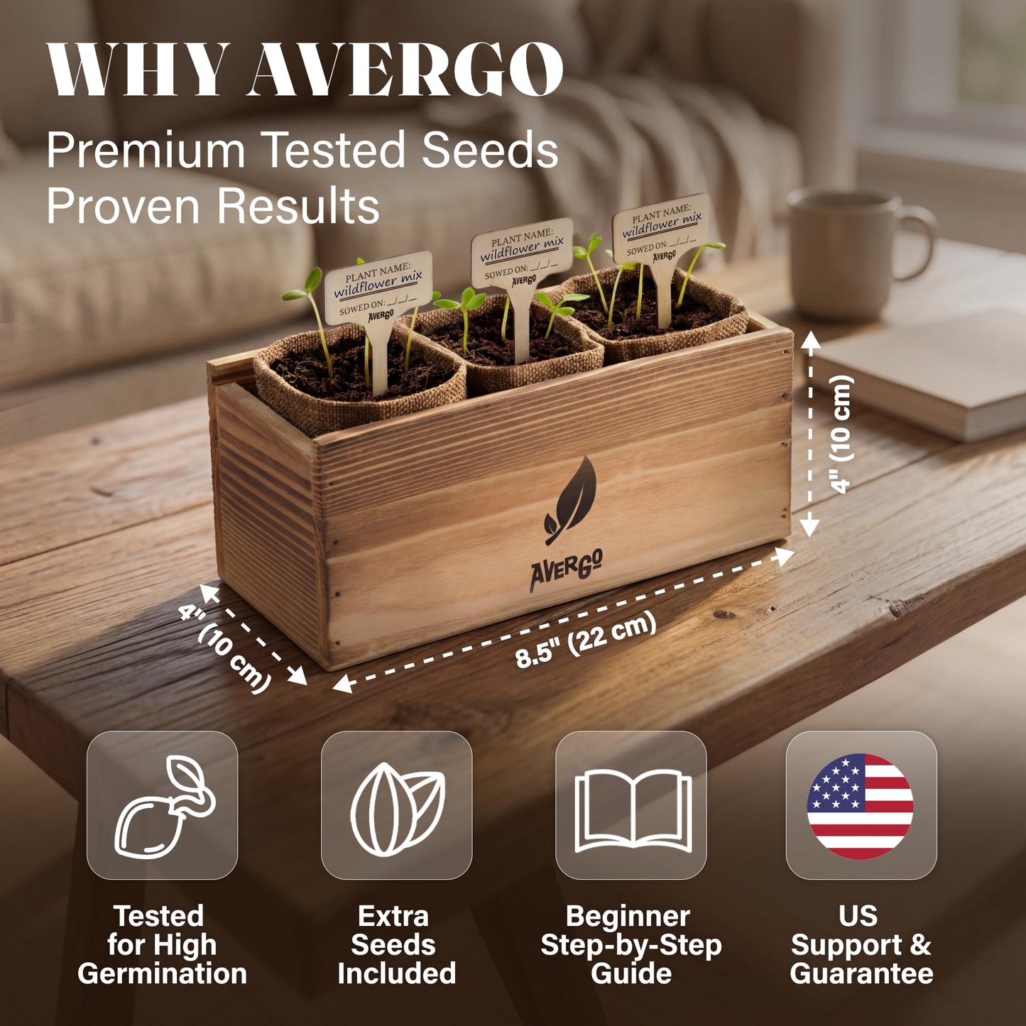 AVERGO Wildflower Seed Mix Growing Kit - Perennial Wild Flowers | Ideal Gift - Also Includes Planters, Soil, Wooden Box, and Gardening Tools for Indoor Garden and Patio Planting