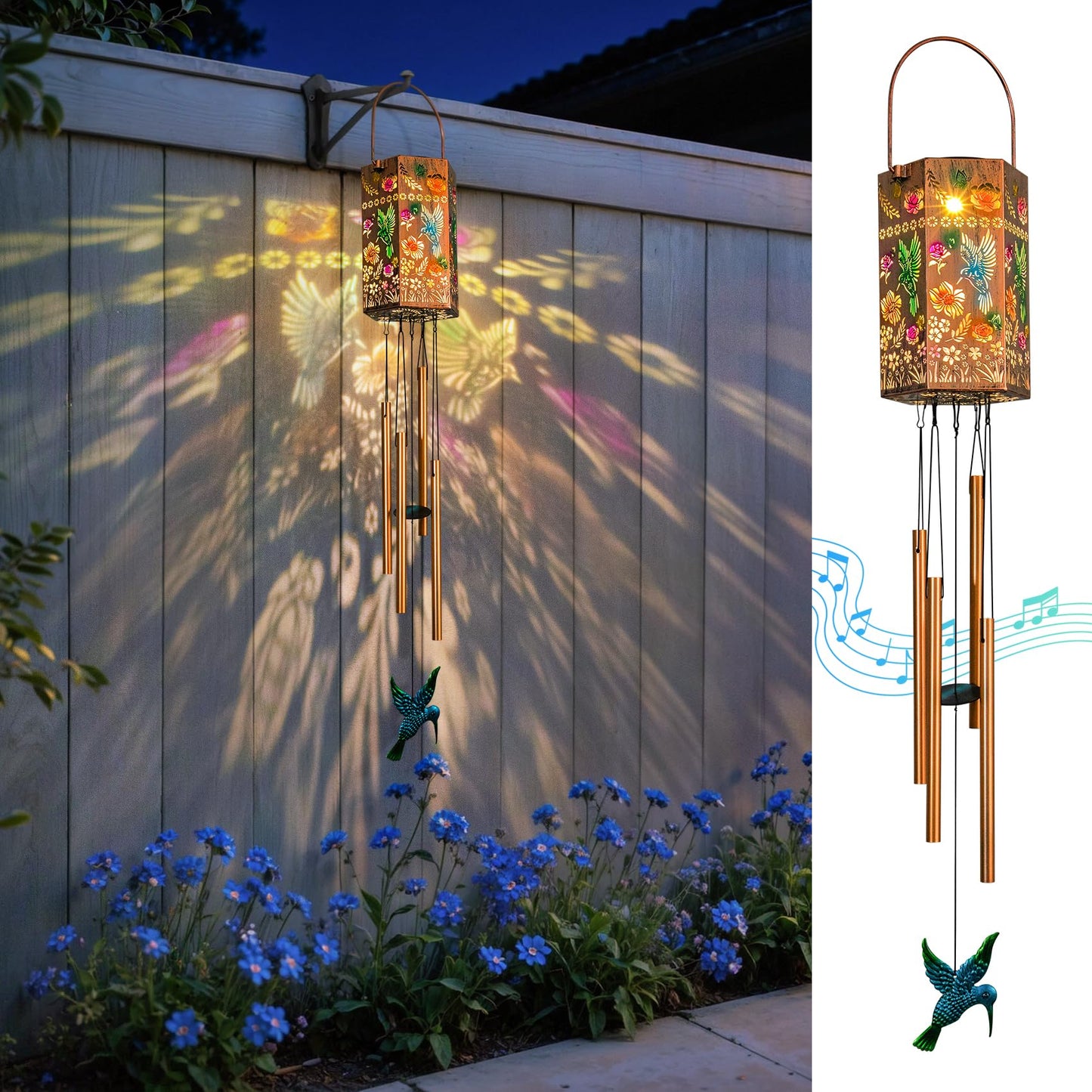 Hummingbird Solar Wind Chimes for Outside, Outdoor Solar Garden Decor Hanging Lantern for Balcony Porch Patio Backyard