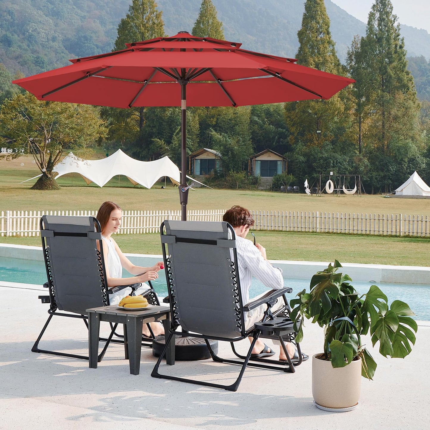 JEAREY 9FT 3 Tier Patio Umbrella Outdoor Market Umbrella Table Umbrellas with 8 Ribs 1.5 Pole Push Button Tilt and Crank UV Protection for Garden,Red
