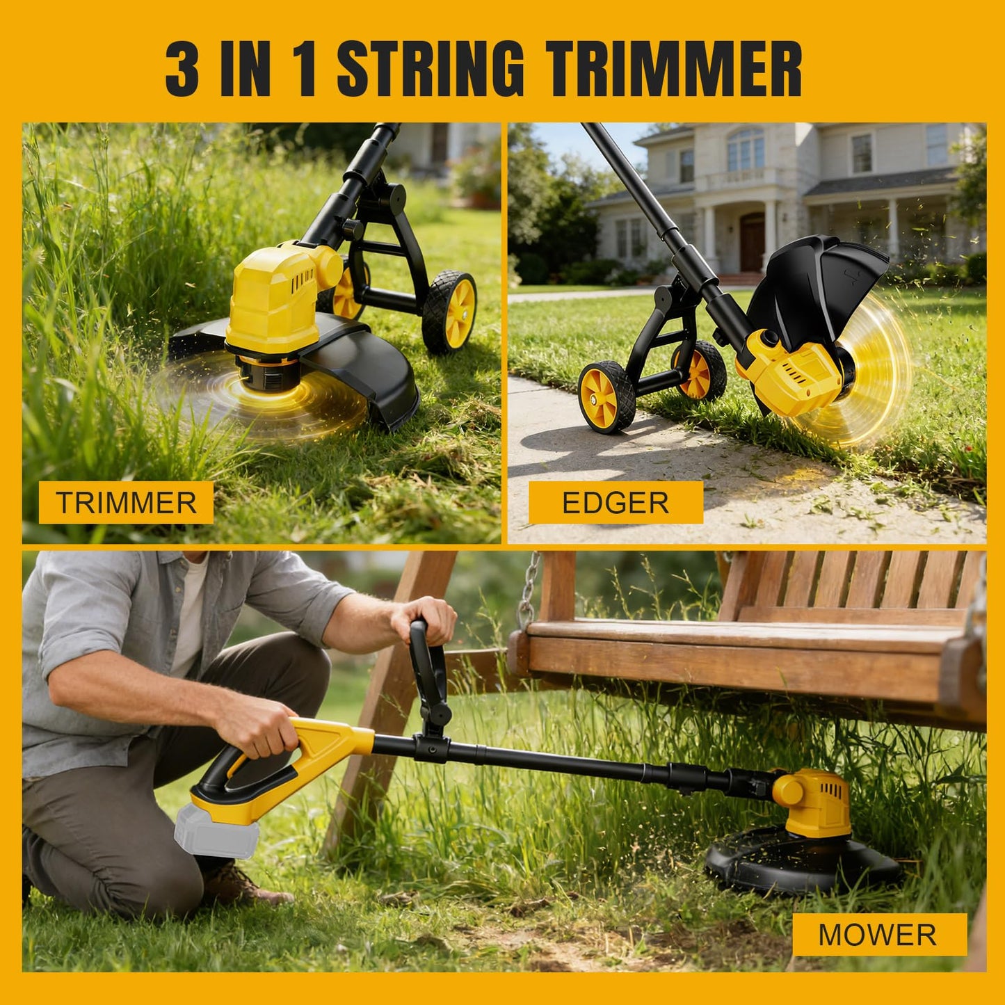 3 in 1 Cordless String Trimmer Compatible with Dewalt 20V Battery (NO Battery), 14" Electric Weed Wacker with Wheel, Lightweight Battery Powered Weed Eater/Edger Trimmer/Grass Trimmer w/8 Line Spools