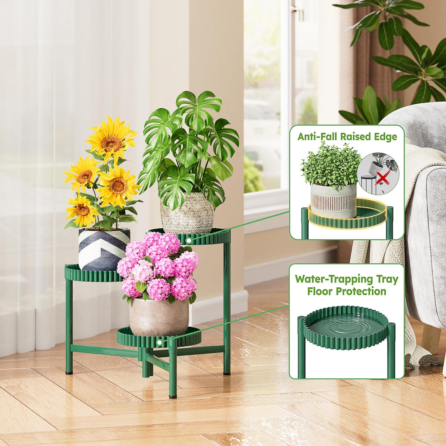 NQW Plant Stand Indoor Outdoor, 3 Tier Corner Metal Flower Display Holder Shelf, Folding Tall Plant Rack for House Patio Balcony Porch Living Room, Heavy Duty Anti-Rust Wrought Iron - GreenFloroma
