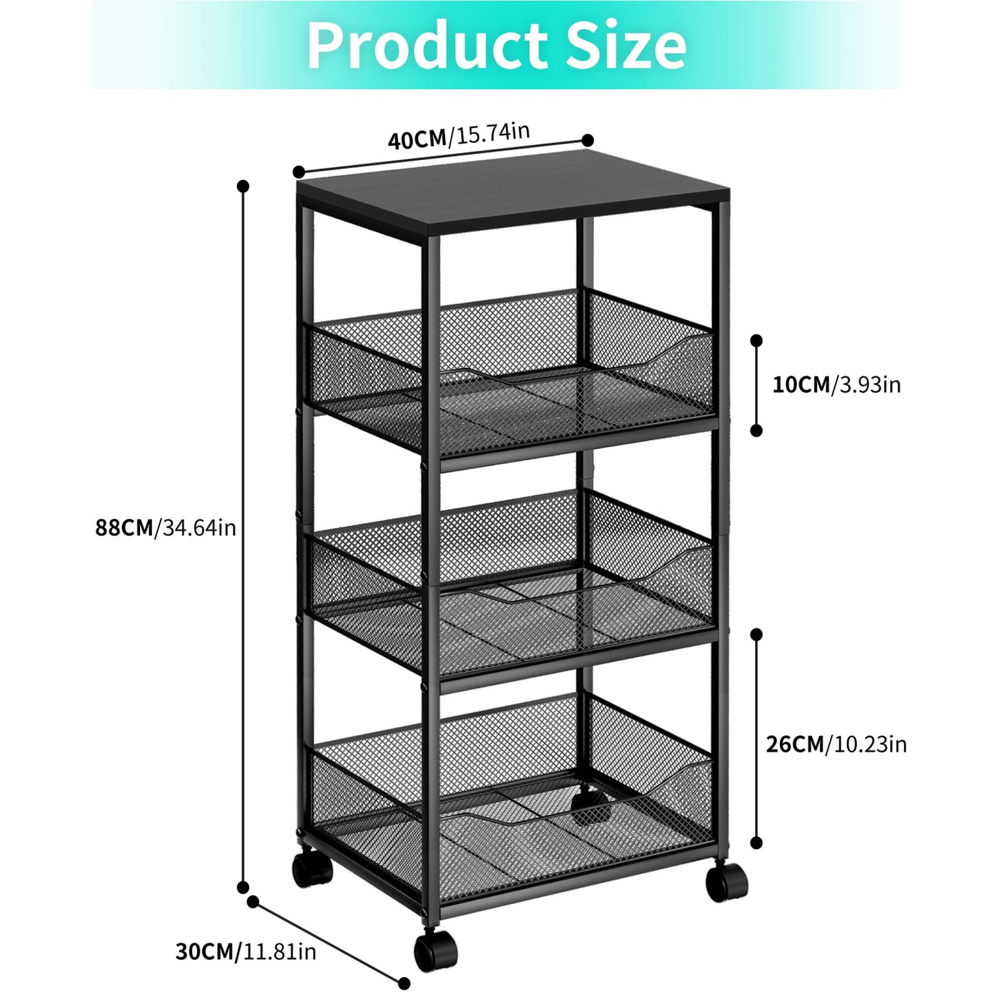 HapiRm Fruit Basket Kitchen Cart - 4-Tier Rolling Storage Cart with Wheels, Fruit Vegetable Basket with Wood Top, Pantry Utility Kitchen Organizer for Fruit Potato Onion Vegetable Bread Snack