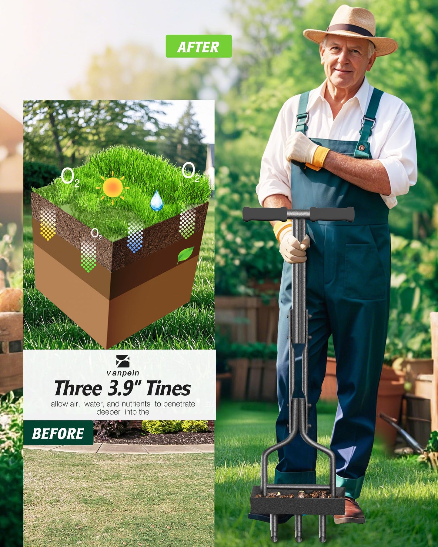 Lawn Aerator Garden Tool with Soil Core Tray, 38” Manual Grass Plug Aerators & A Cleaning Tool, Coring Aeration Tools with 3 Tines for Gardening, Soil Compaction, Lawn Yard Care, Patented Black