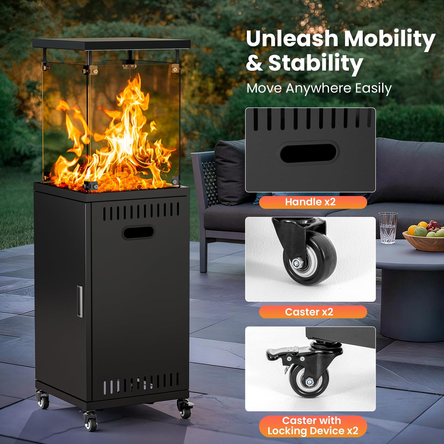 PATIOPIA 41,000 BTU Patio Heater,Propane Outdoor Heater With Cover,CSA Certificated, Lockable Wheels,Tempered Glass, Patio,Backyard,Balcony,Poolside, Inky