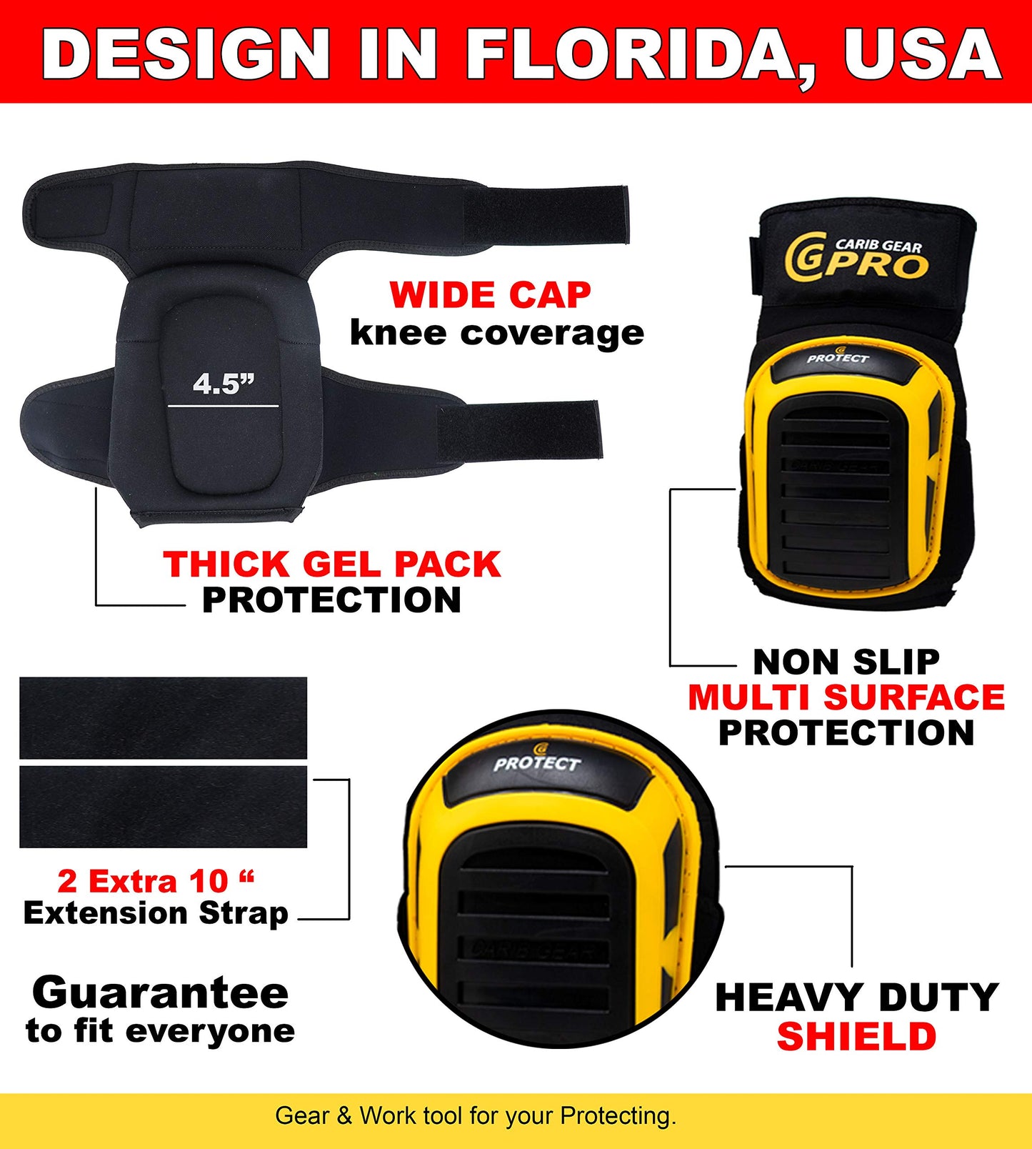 CARIB GEAR PRO USA Work Knee Pads for Men and Women Heavy Duty Double Gel Construction Knee Pads with Anti Slip Straps for Flooring Tiling Gardening Includes Leather Gloves and Safety Glasses