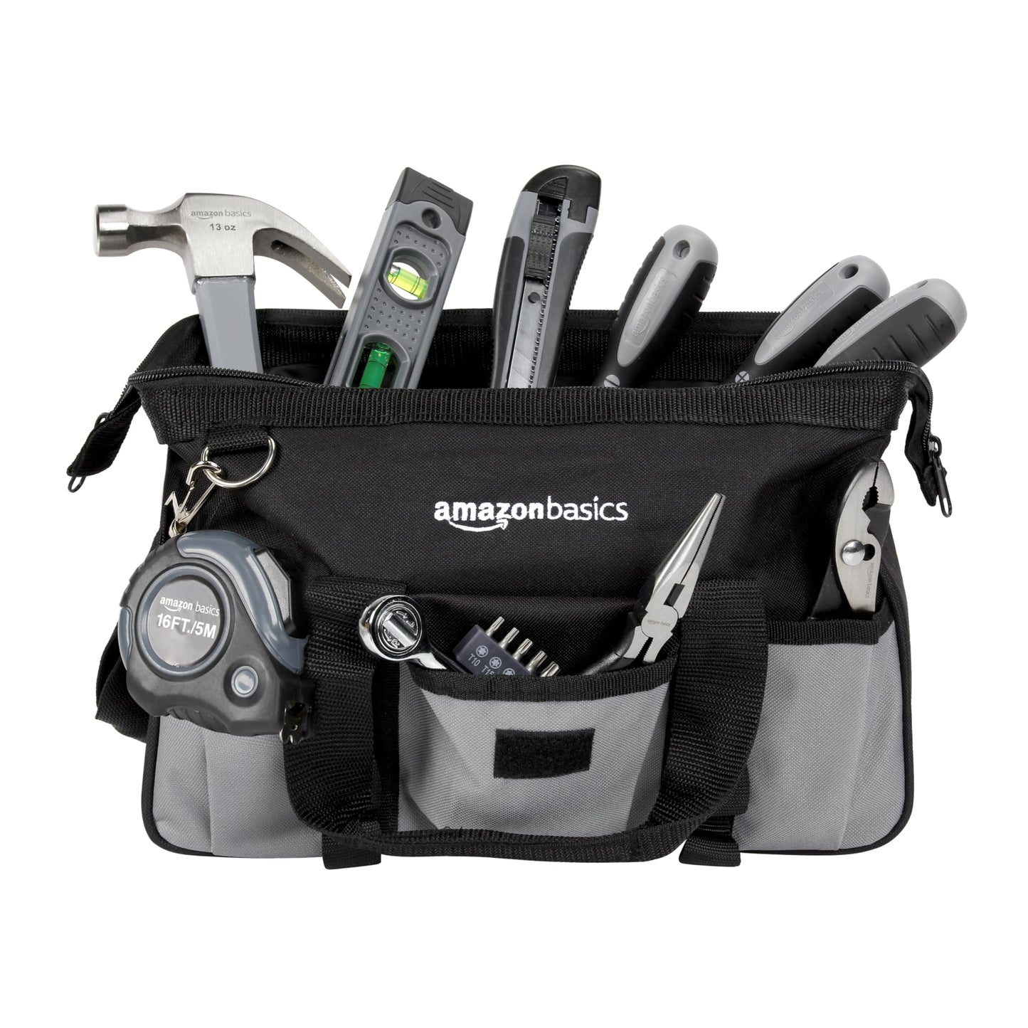 Amazon Basics 65 Piece Home Repair Tool Kit Set With Carrying Bag, Hand Tools, Socket Set, SAE and Metric, Silver, Black