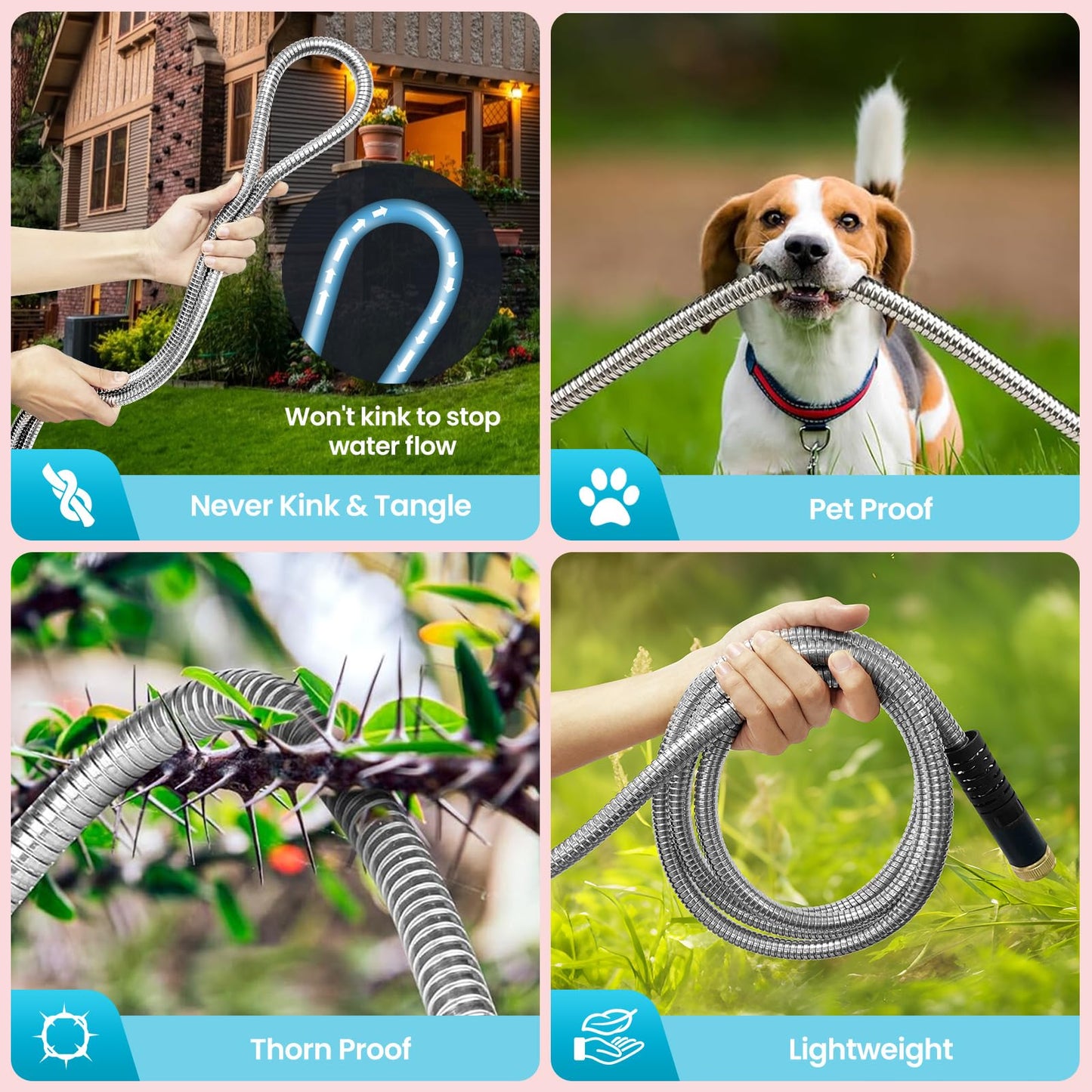 Garden Hose 50FT, Water Hose with 10 Function Nozzle, Garden Hose Metal with Leak-proof Connectors, No-Kink, Lightweight, Puncture-proof, Pet-proof, Sturdy, Hose for Outdoor, Yard