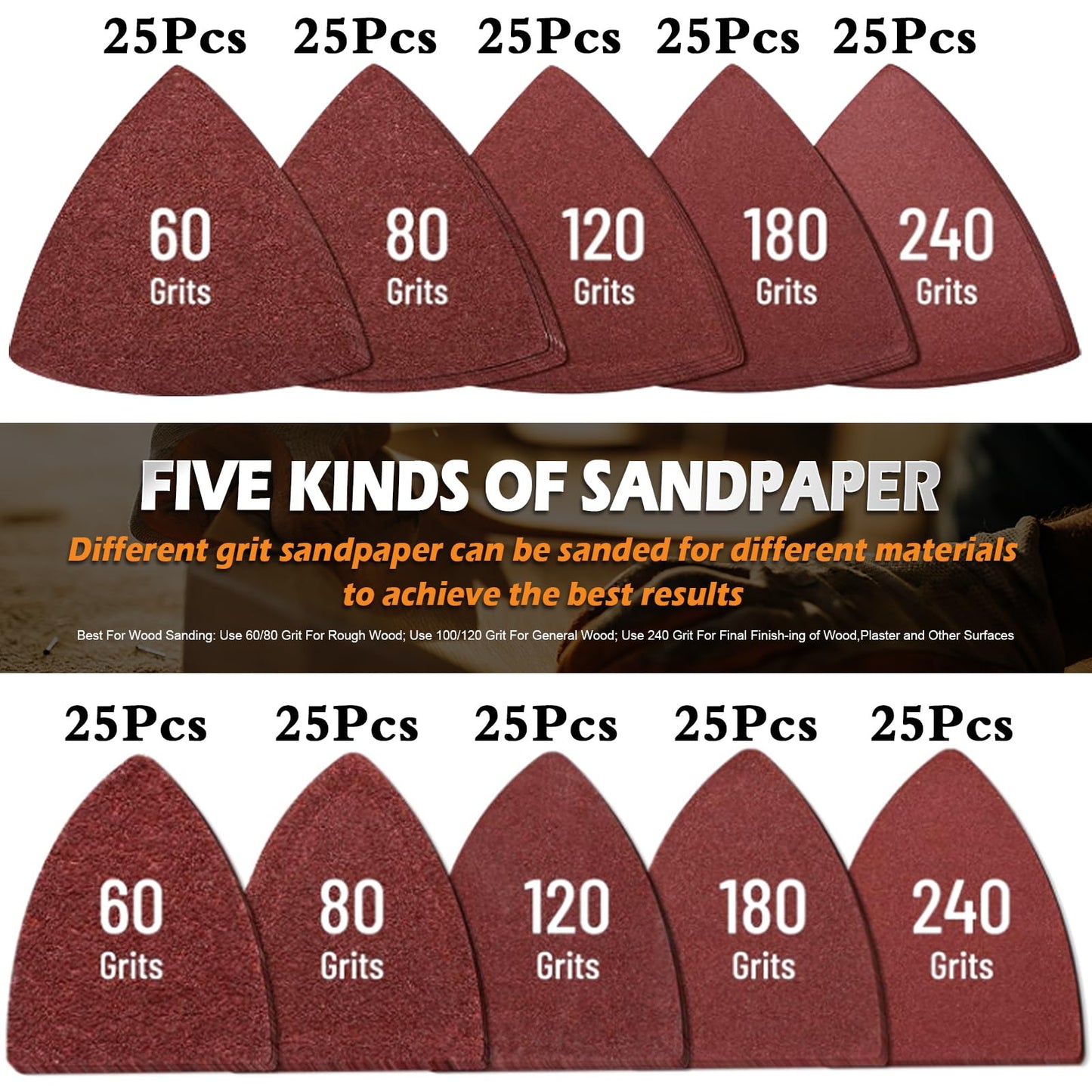 260pcs Oscillating Tool Sanding Pads Kit, 5pcs Triangle Sanding Pads and 5pcs Finger Sanding Pad, 250pcs Multitool Sandpaper Set, Multi Tool Sanding Attachment Fit for Finishing Wood
