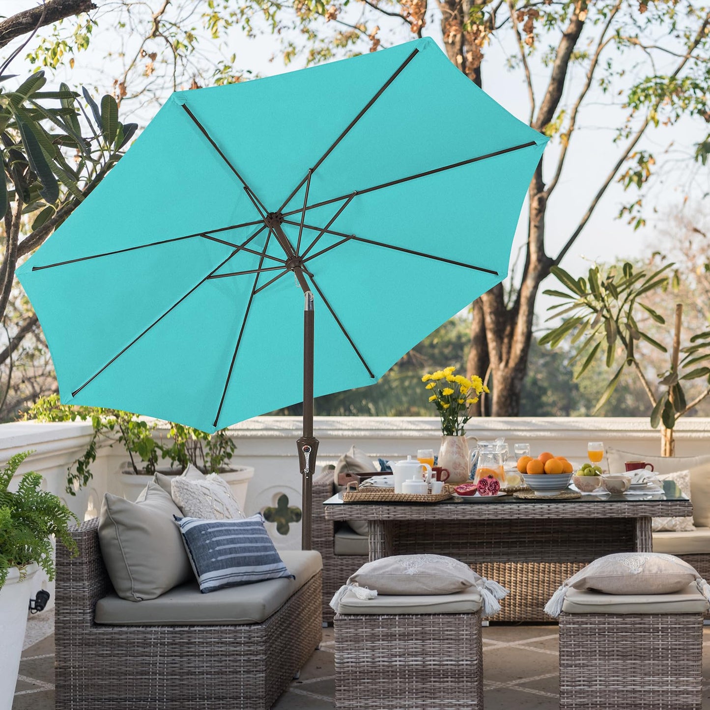 JEAREY 9FT Outdoor Patio Umbrella Outdoor Table Umbrella with Push Button Tilt and Crank, Market Umbrella 8 Sturdy Ribs UV Protection Waterproof for Garden, Deck, Backyard, Pool (Peacock Blue)