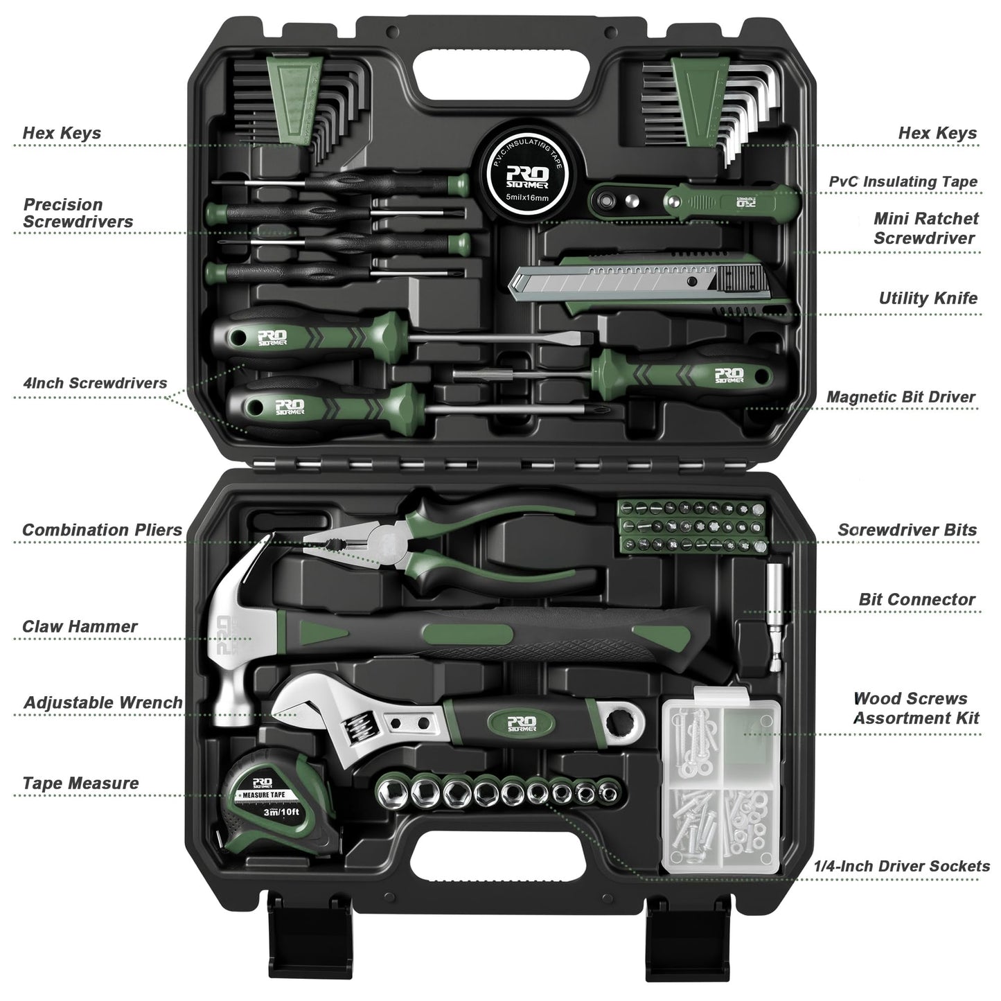 Prostormer 160-Piece Home Repair Tool Set, General Household Hand Tool Kit with Toolbox Storage Case for House, Garage, College Dorm and Office (Green)