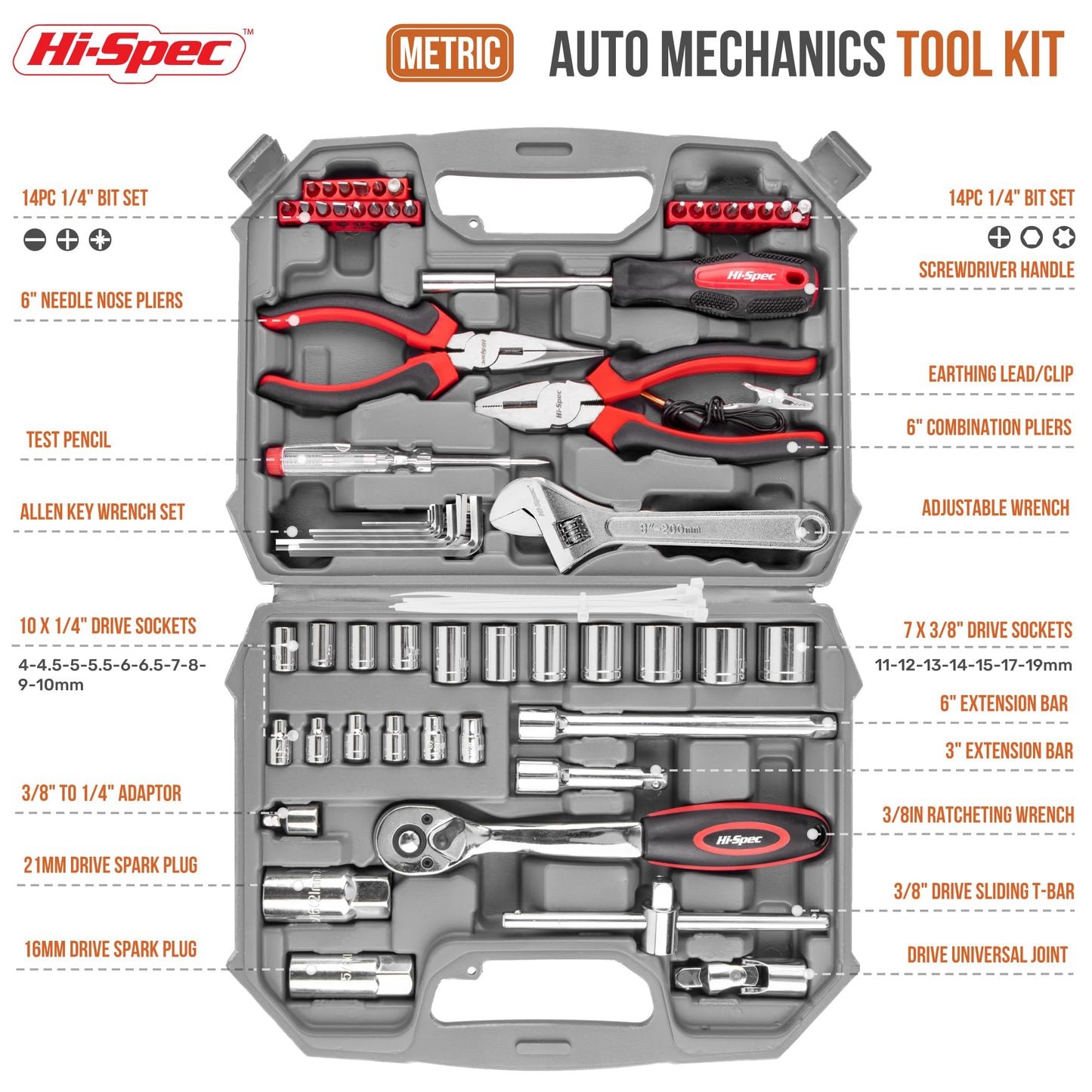 Hi-Spec 67Pc Metric Auto Mechanic Tool Set, Motorcycle & Car Tool Kit, Auto Repair with Pliers, Screwdriver Set, Socket Kit & Tool Box Storage Case for Cars, Trucks, Boats RVs & Jeeps