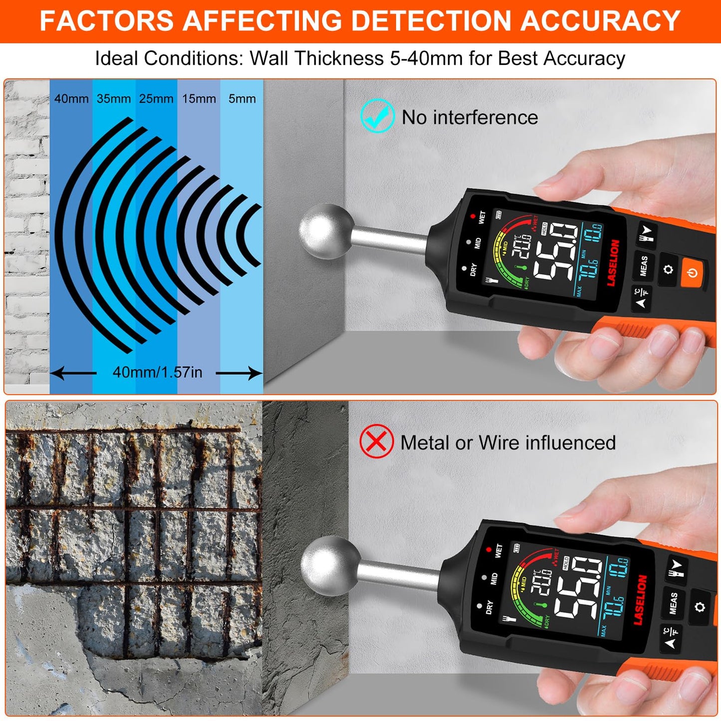 LASELION MS04 Pinless Moisture Meter with Ball Probe for Non-Destructive Area Scans Ideal for Wood Walls and Construction Materials Customizable Humidity Alarms Built-in Flashlight