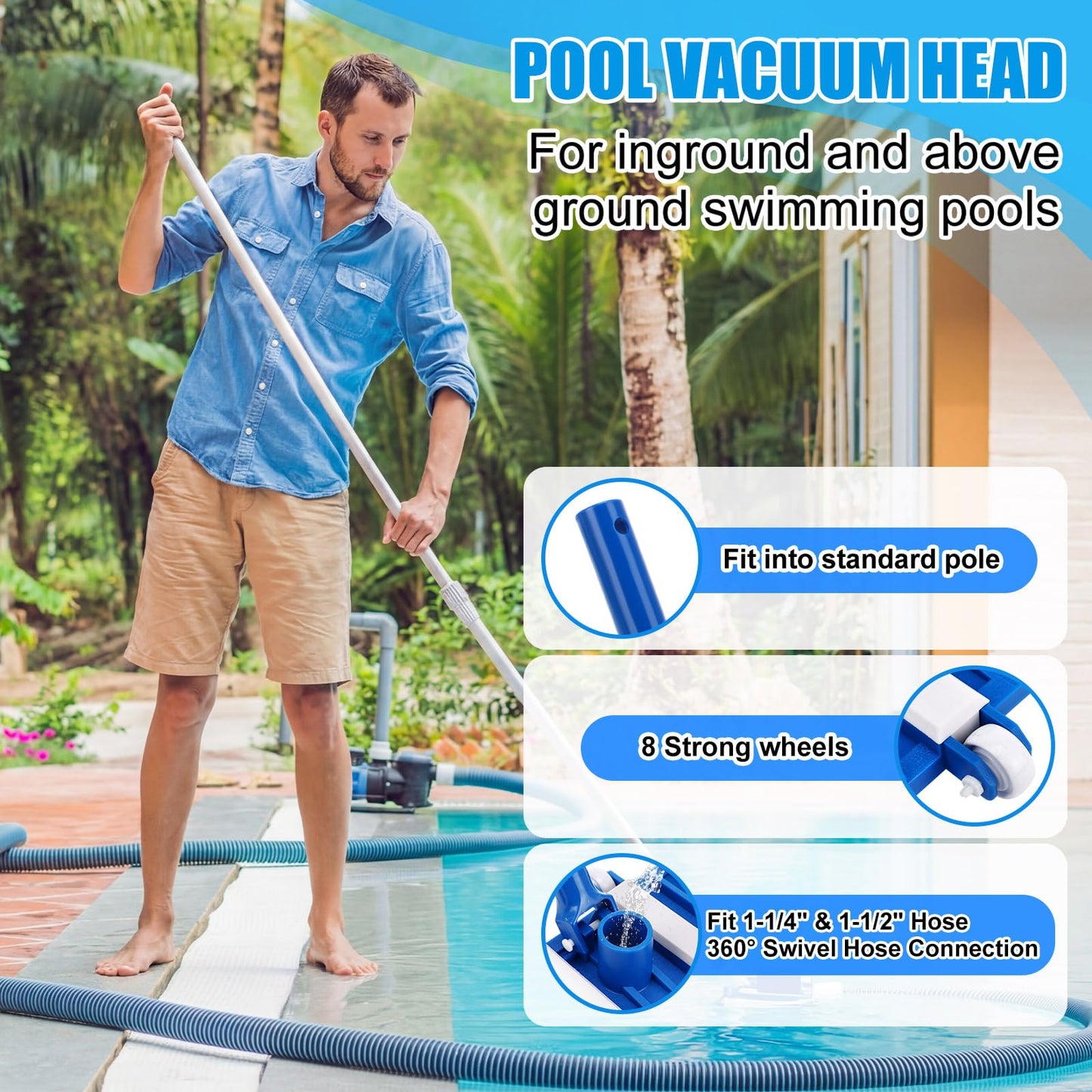 Innconee 4 Pcs Swimming Pool Cleaning Kit Including Pool Vacuum Head with 1-1/2" x 30 ft Hoses Flexible Head with Wheels and Pole 14 '' Cleaning Brush for Inground Above Ground Swimming Supplies