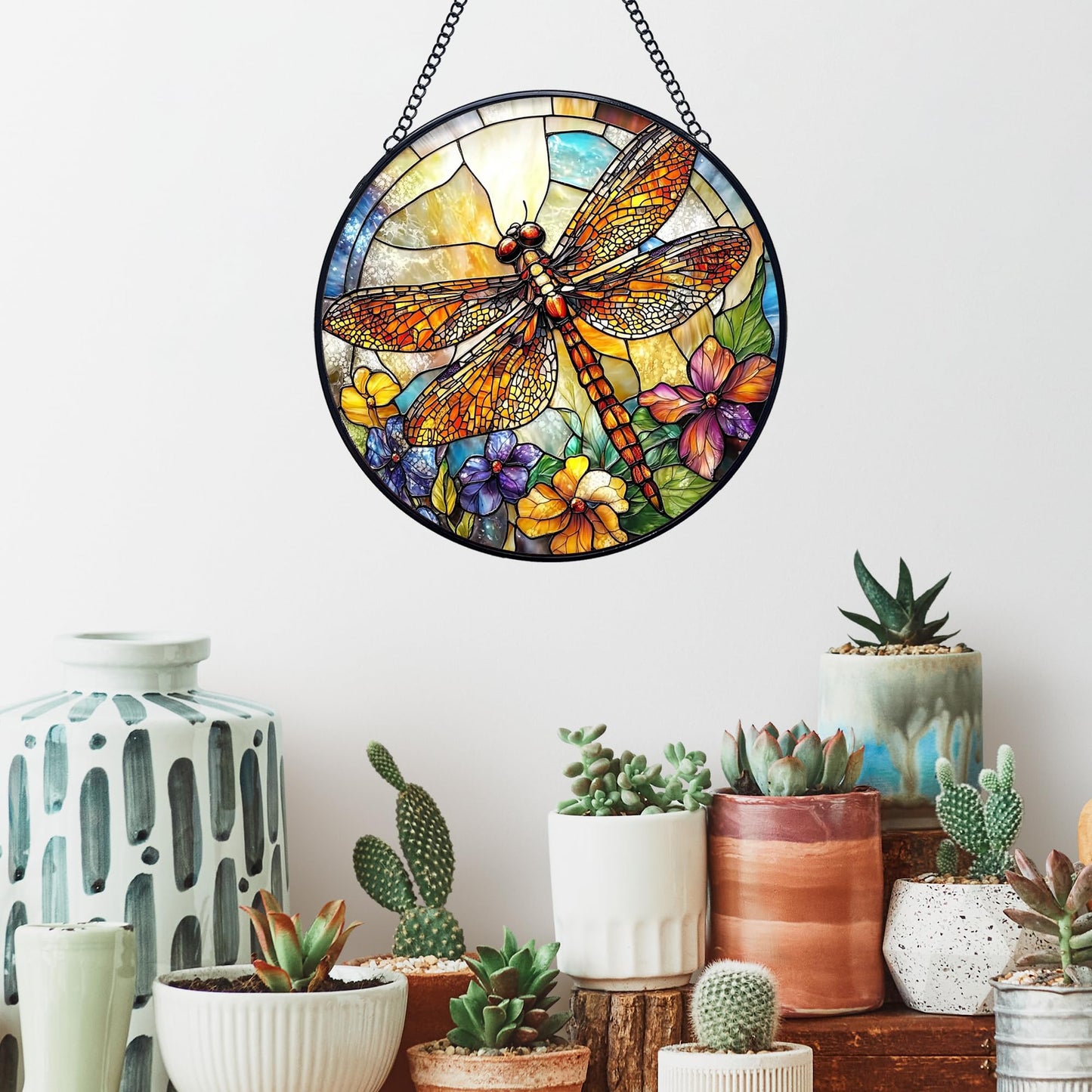 Yjeslw Dragonfly Flower Stained Glass Window Hanging Suncatchers, Dragonfly Sun Catchers Indoor Window Glass Wall Art Decor, Nature Insect Floral Wall Hanging Decorations Sculptures, 7.9x7.9in