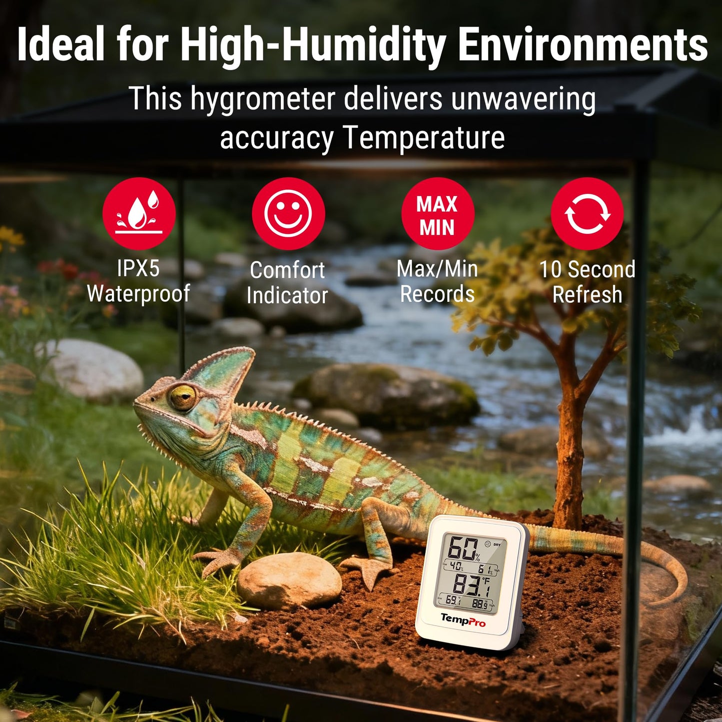 TempPro TP150 Greenhouse Thermometer Hygrometer, IPX5 High-Humidity Resistant Temperature and Humidity Monitor, High/Low Records Humidity Meter for Indoor Grow Tents, Reptile(Previously ThermoPro)